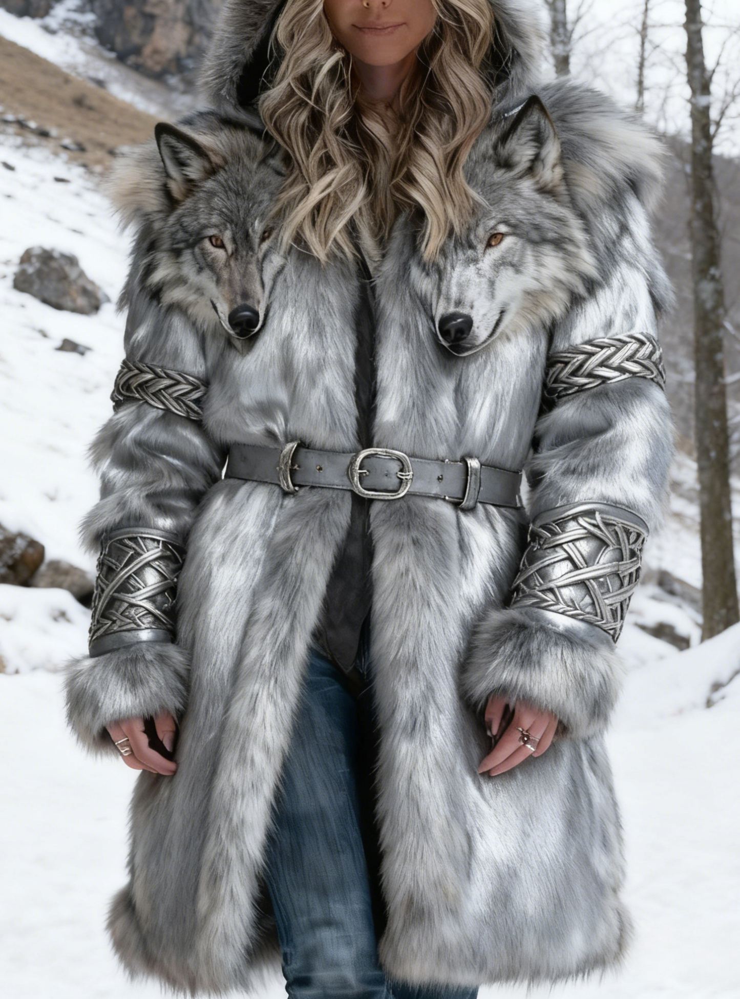 Women's Viking 3D Wolf Adorned Silver Gray Faux Fur Hooded Coat with Metal Braided Accents