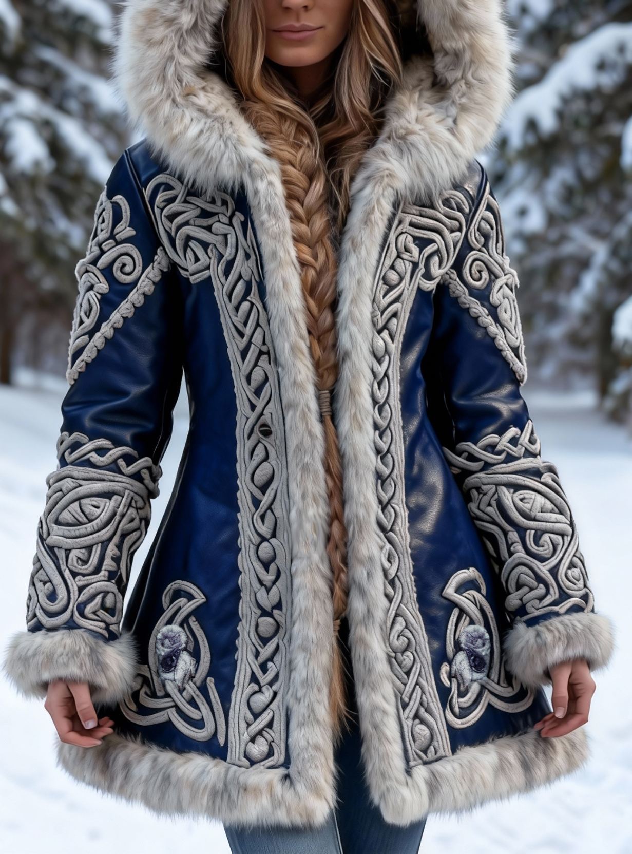 Women's Viking Celtic Knot Floral Braid Embroidered Suede Hooded Coat with White Fur Trim