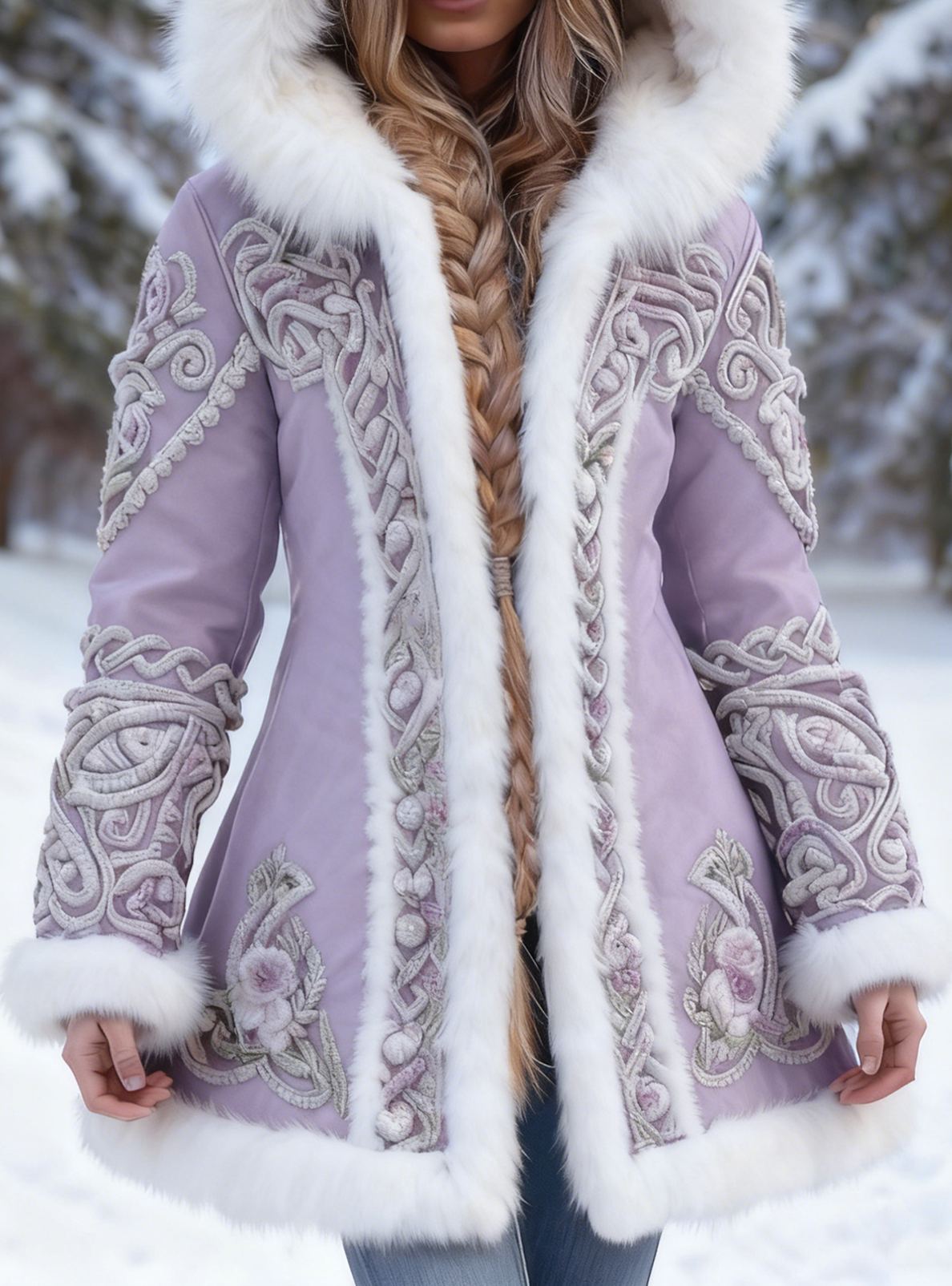 Women's Viking Celtic Knot Floral Braid Embroidered Suede Hooded Coat with White Fur Trim