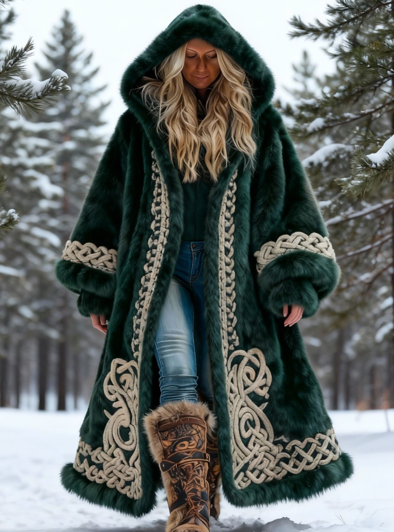 Women's Viking Celtic Knotwork Embroidered Faux Fur Hooded Long Jacket Lantern Sleeve Maxi Coat