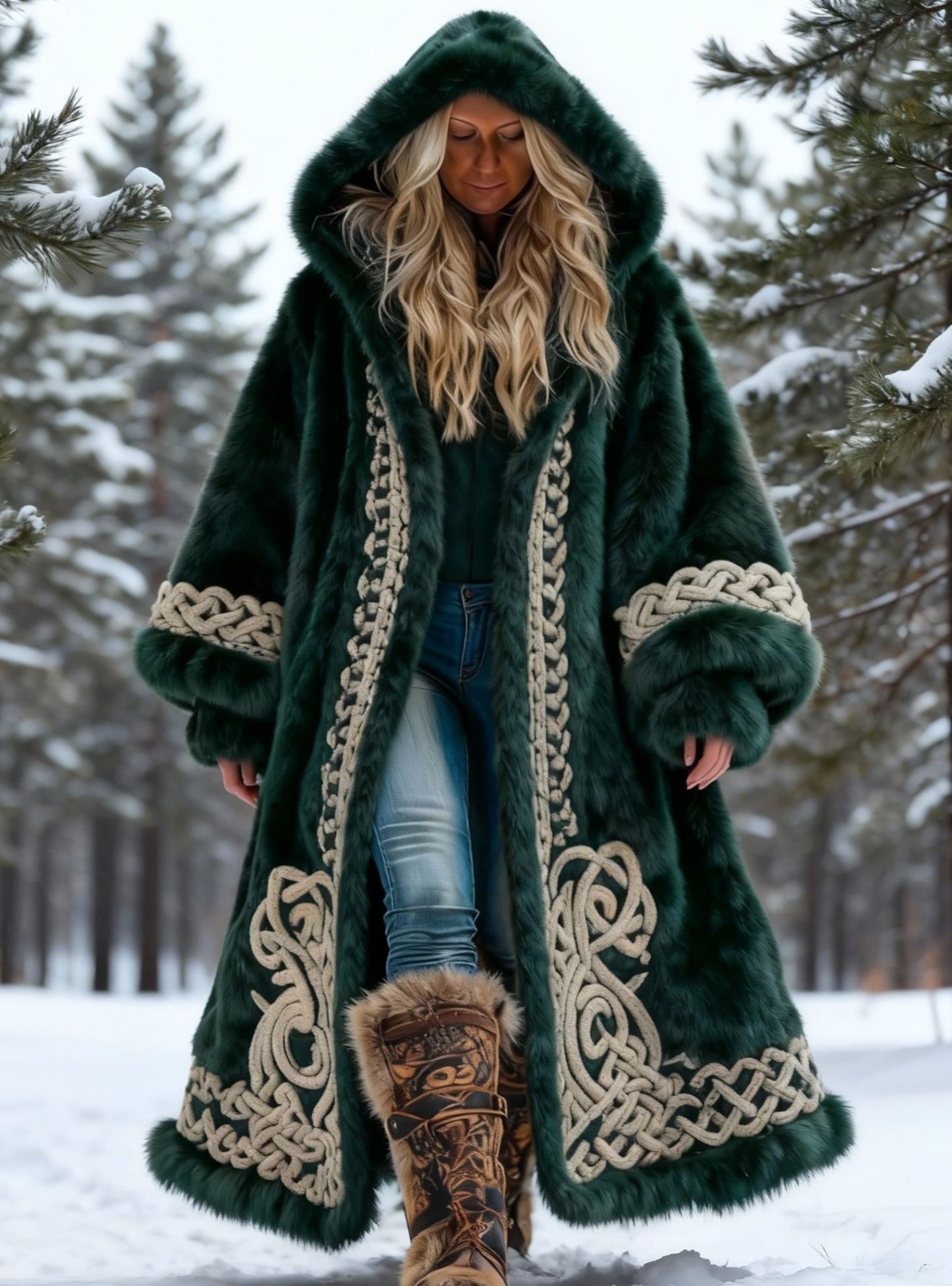 Women's Viking Celtic Knotwork Embroidered Faux Fur Hooded Long Jacket Lantern Sleeve Maxi Coat