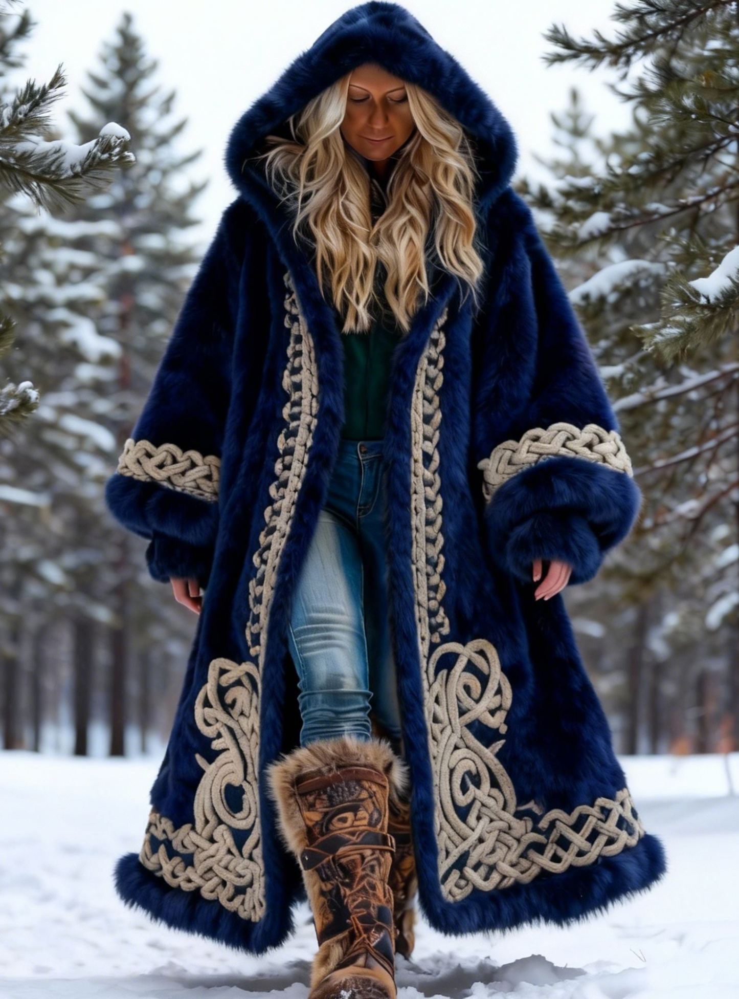 Women's Viking Celtic Knotwork Embroidered Faux Fur Hooded Long Jacket Lantern Sleeve Maxi Coat