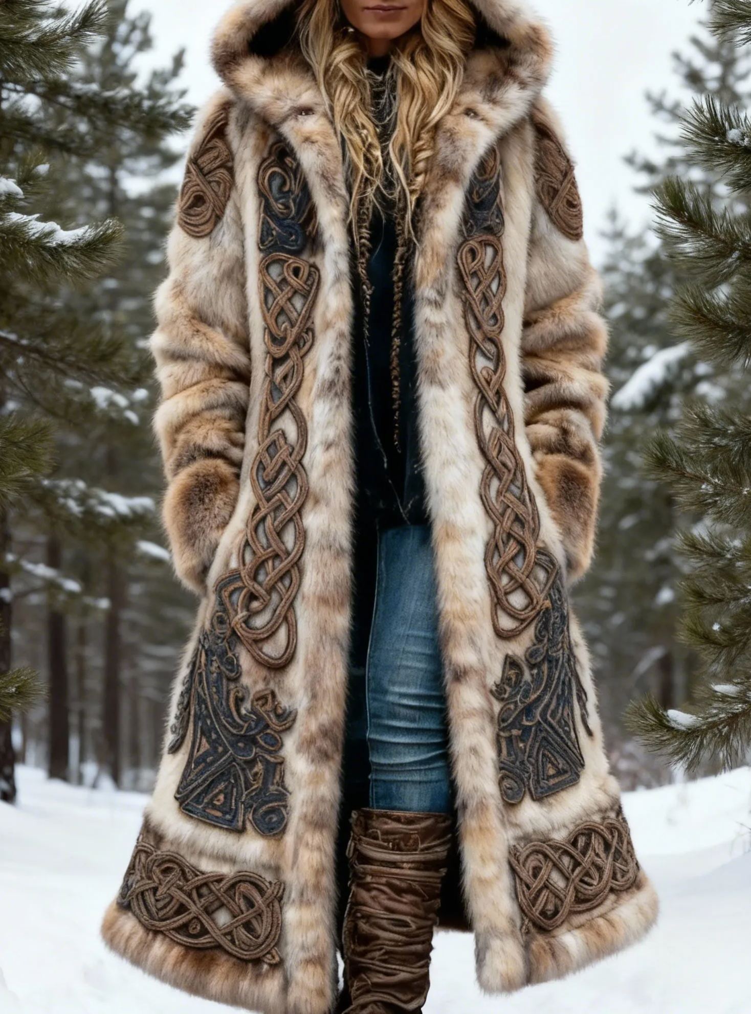 Women's Viking Celtic Knot Art Embroidered Faux Fur Hooded Long Coat