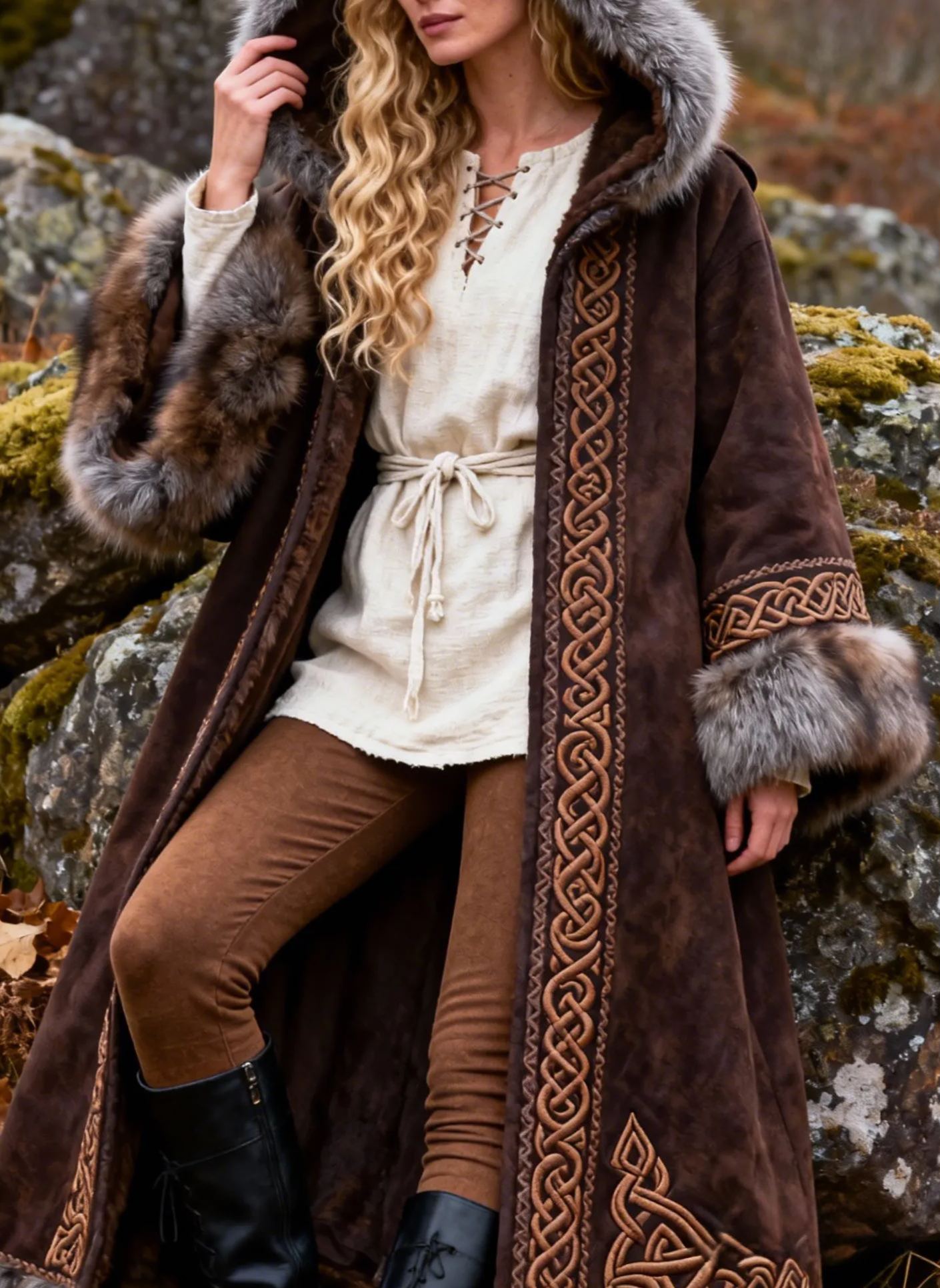 Women's Viking Celtic Knot Art Embroidered Fur Collar Suede Cloak Double-Breasted Long Trench Coat