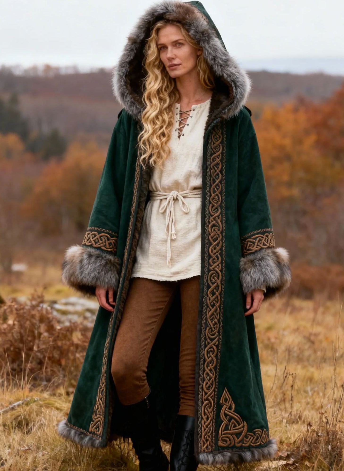 Women's Viking Celtic Knot Art Embroidered Fur Collar Suede Cloak Double-Breasted Long Trench Coat
