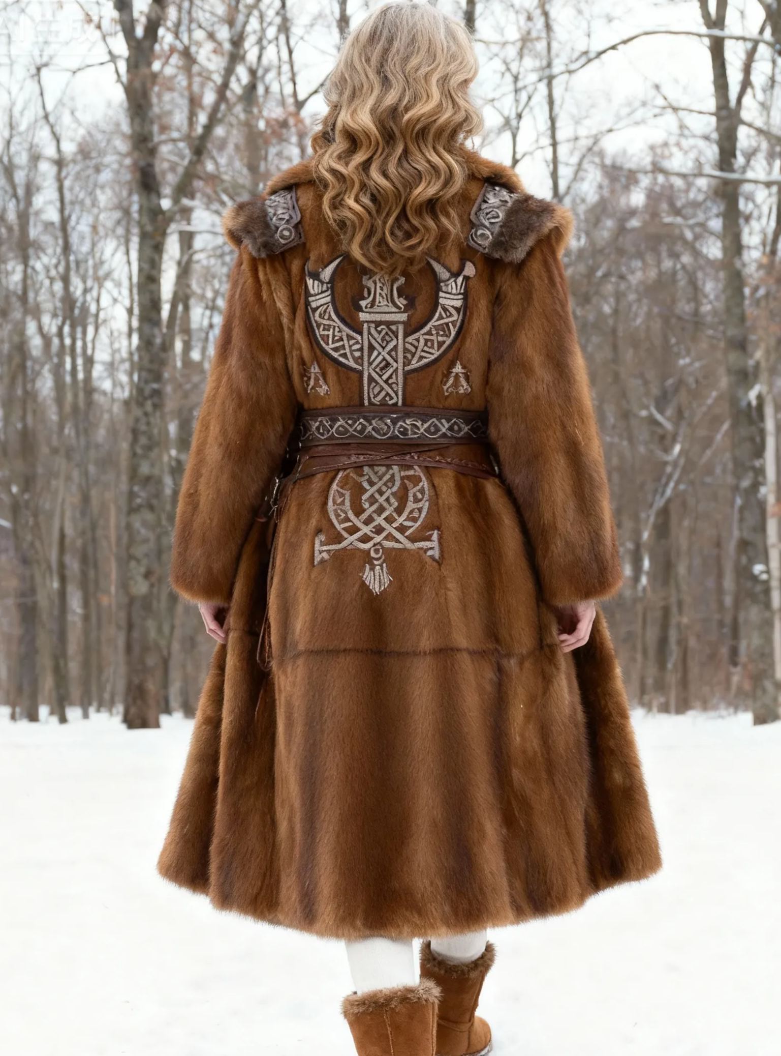 Women's Viking Symbol Embroidered Faux Fur Long Coat with Decorative Leather Belt