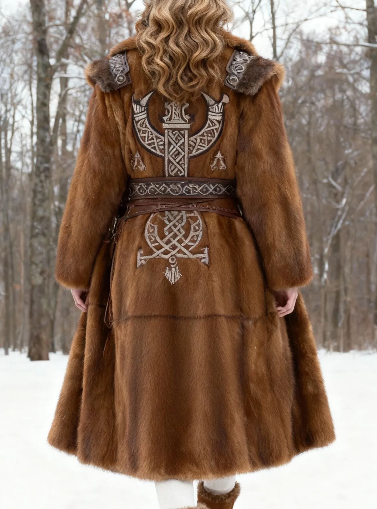 Women's Viking Symbol Embroidered Faux Fur Long Coat with Decorative Leather Belt