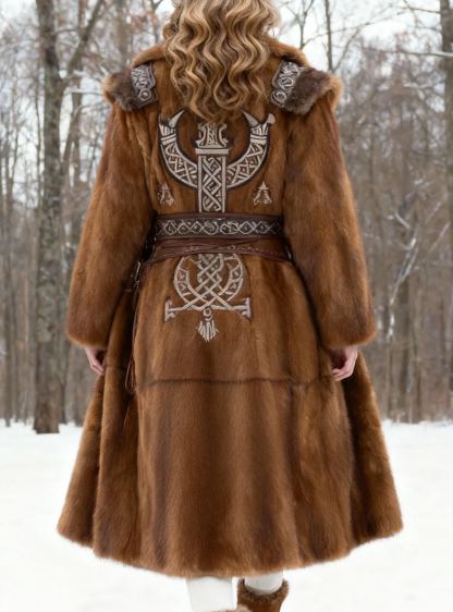 Women's Viking Symbol Embroidered Faux Fur Long Coat with Decorative Leather Belt