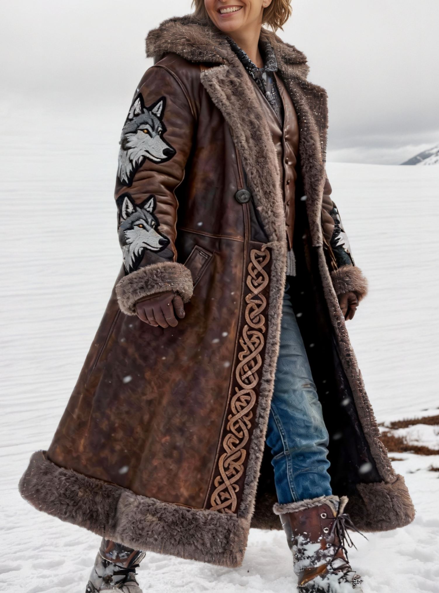 Women's Viking Brown Shearling Coat Leather Long Jacket with Wolf Embroidery & Fur Trim