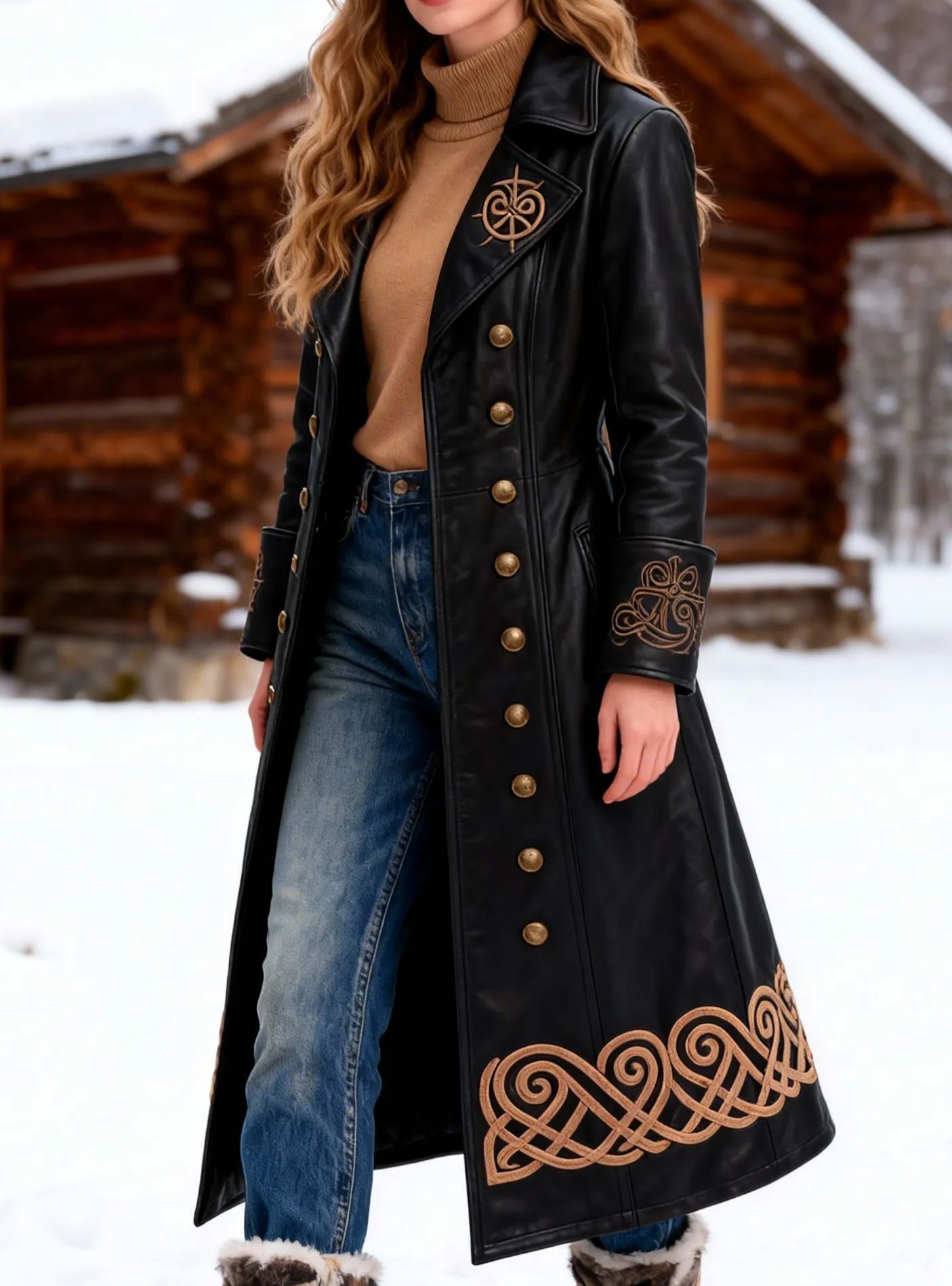Women's Viking Celtic Knot Art Embroidered Leather Double-Breasted Long Trench Coat
