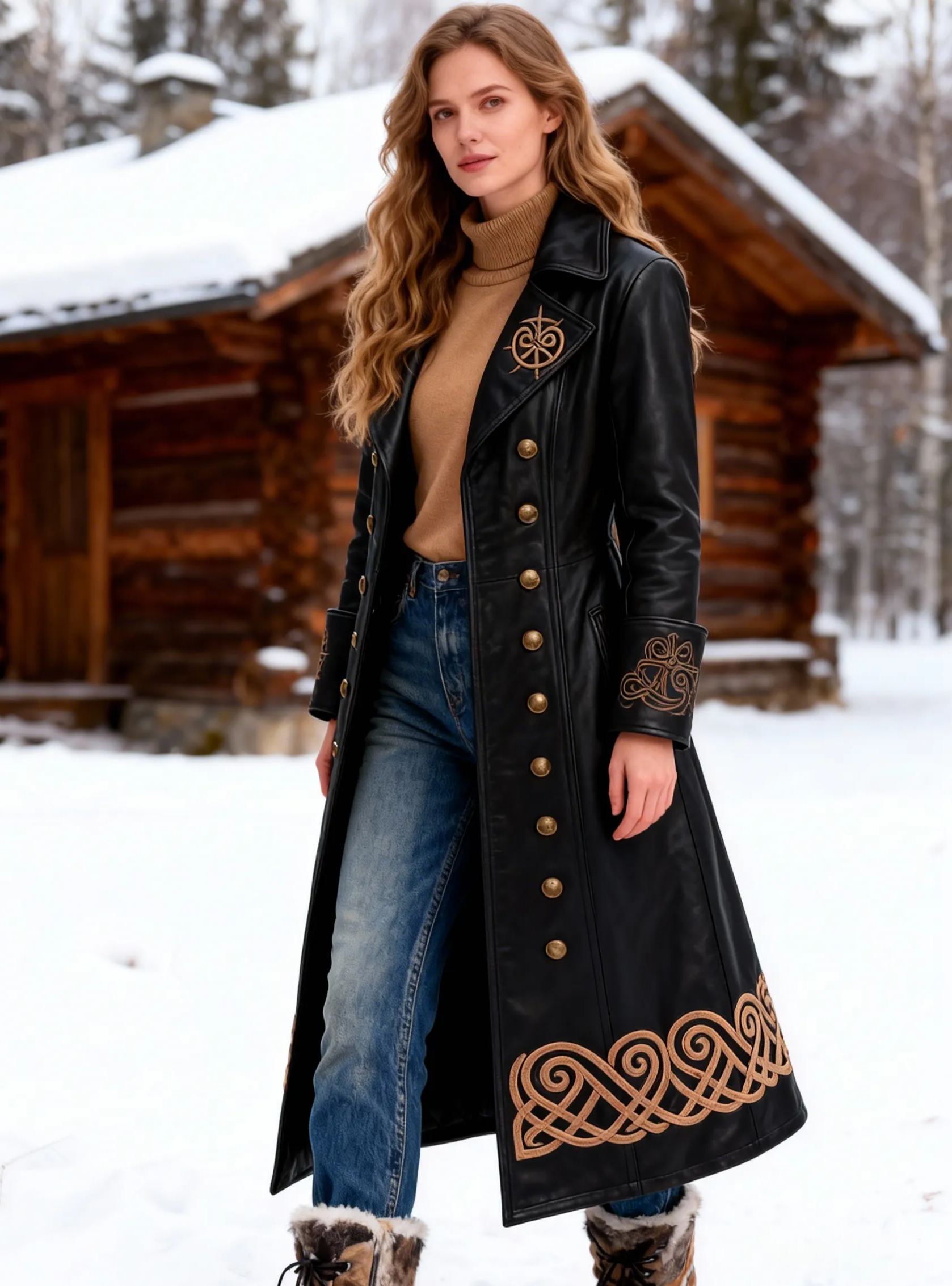 Women's Viking Celtic Knot Art Embroidered Leather Double-Breasted Long Trench Coat