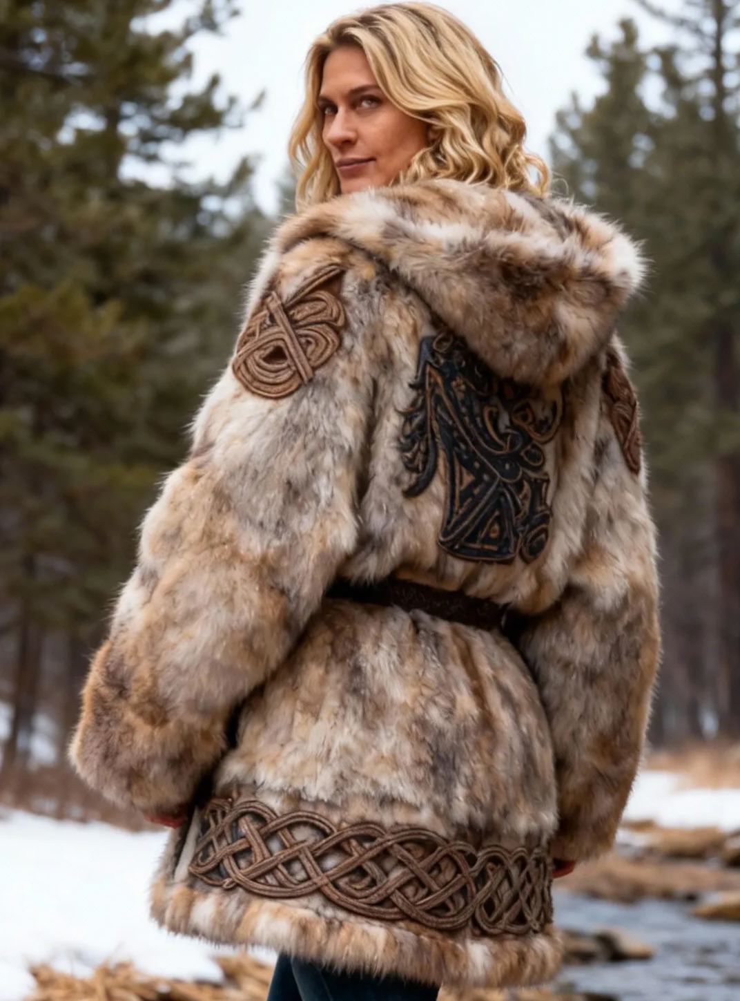 Women's Viking Celtic Knot Embroidered Multi-Tone Faux Fur Hooded Coat with Adjustable Belt