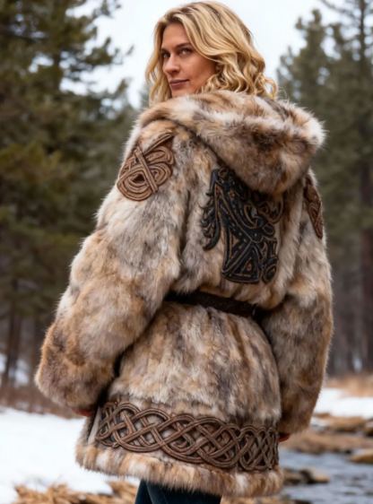 Women's Viking Celtic Knot Embroidered Multi-Tone Faux Fur Hooded Coat with Adjustable Belt