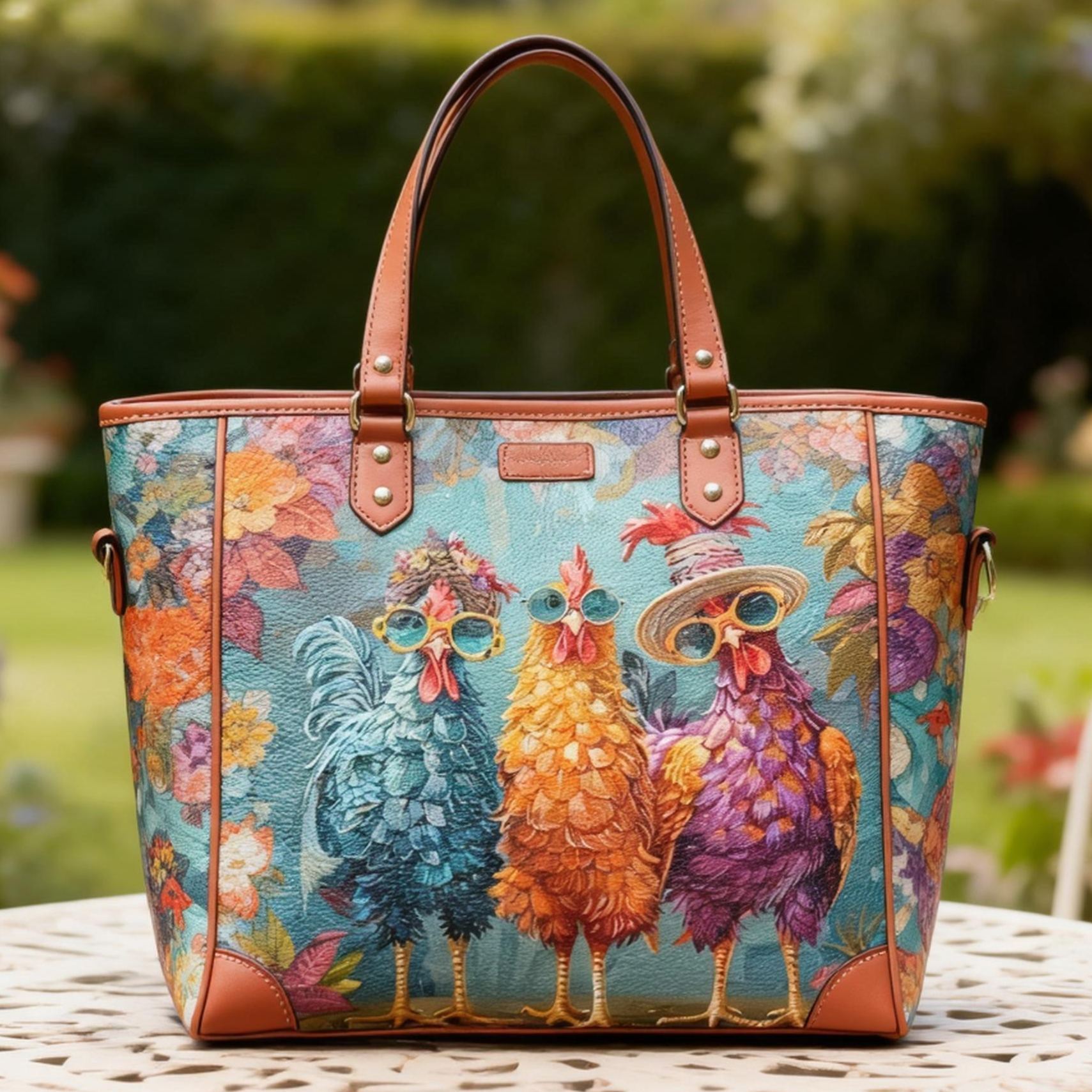 Playful Colorful Sunglasses Chickens Print Vegan Leather Tote Bag Rustic Chic Crossbody Handbag with Adjustable Strap