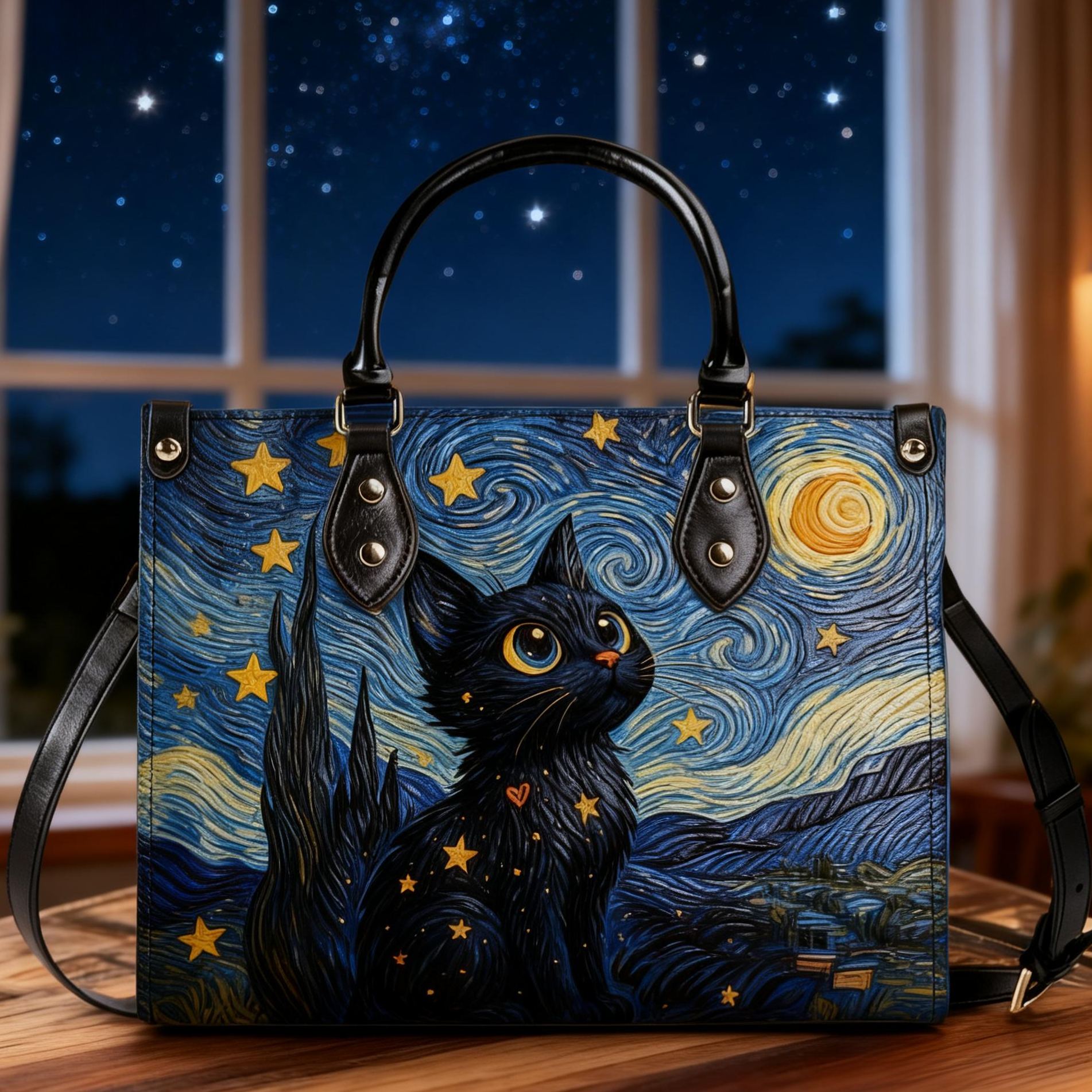 Van Gogh Starry Night Inspired Black Cat Print Vegan Leather Tote Bag Crossbody Handbag with Adjustable Strap