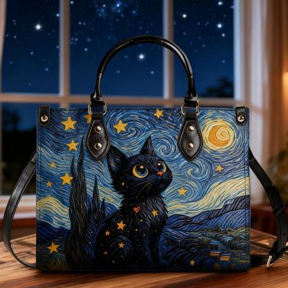 Van Gogh Starry Night Inspired Black Cat Print Vegan Leather Tote Bag Crossbody Handbag with Adjustable Strap