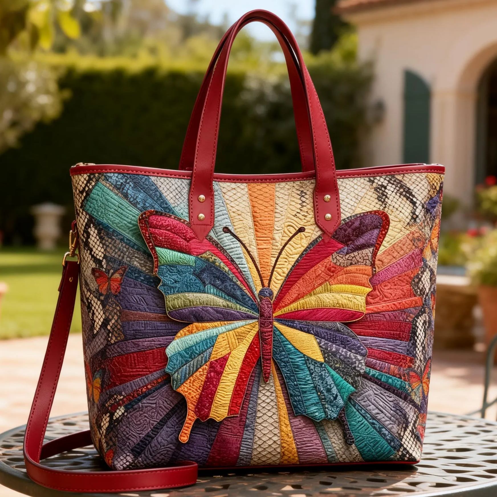 Vintage Colorful 3D Butterfly Vegan Leather Tote Bag Crossbody Handbag with Adjustable Strap