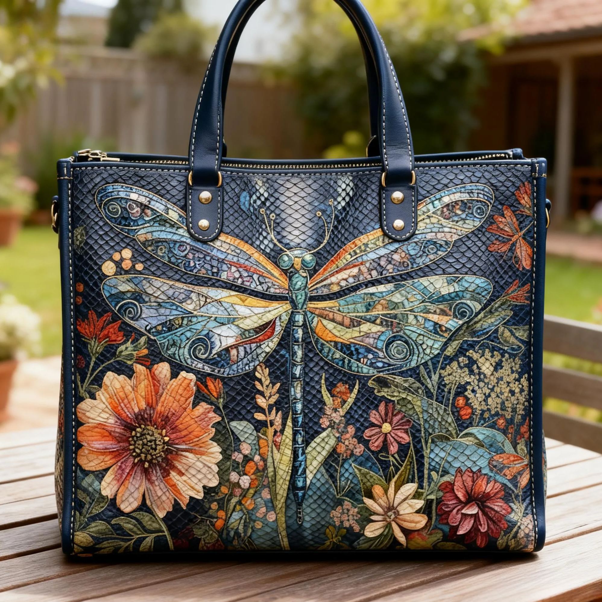 Dragonfly & Floral Print Elegant Vegan Leather Tote Bag Crossbody Handbag with Adjustable Strap