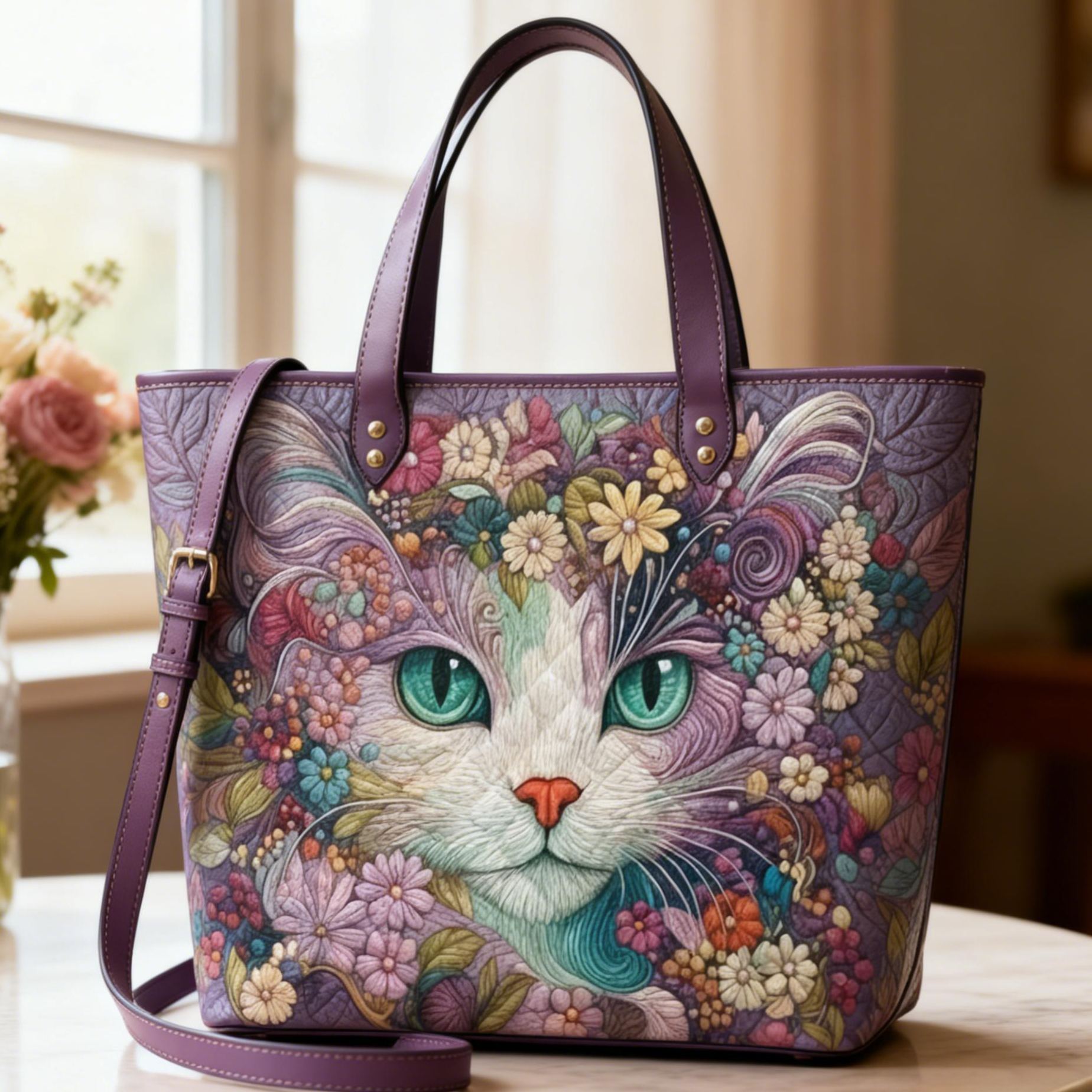 Bohemian Floral Colorful Cat Vegan Leather Tote Bag Crossbody Handbag with Adjustable Strap