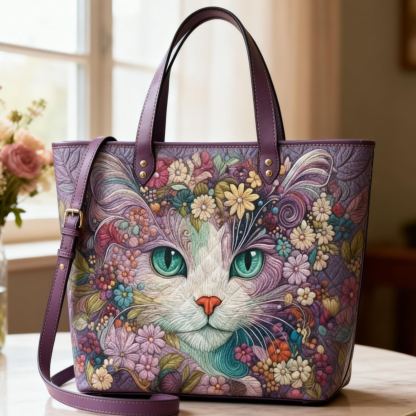 Bohemian Floral Colorful Cat Vegan Leather Tote Bag Crossbody Handbag with Adjustable Strap