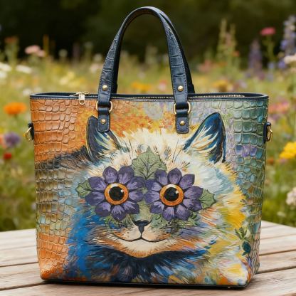  Floral Cat Art Colorful Animal Vegan Leather Tote Bag Crossbody Handbag with Adjustable Strap