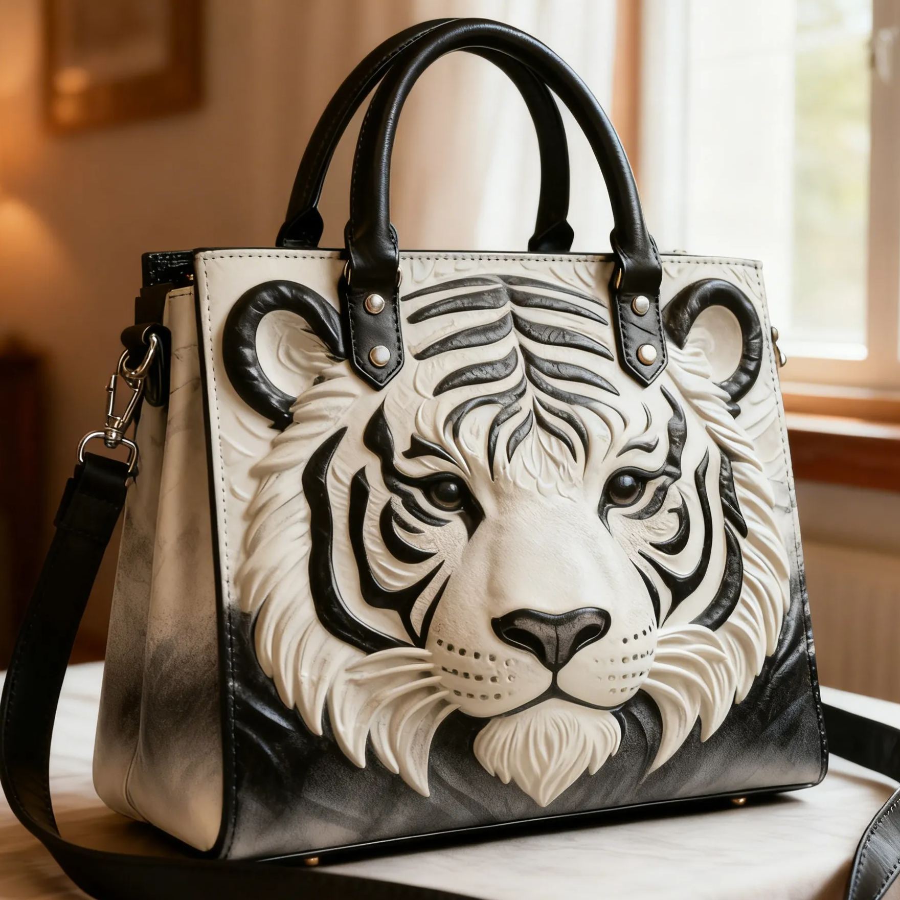 3D White Tiger Embossed Unique Animal Vegan Leather Tote Bag Crossbody Handbag with Adjustable Strap