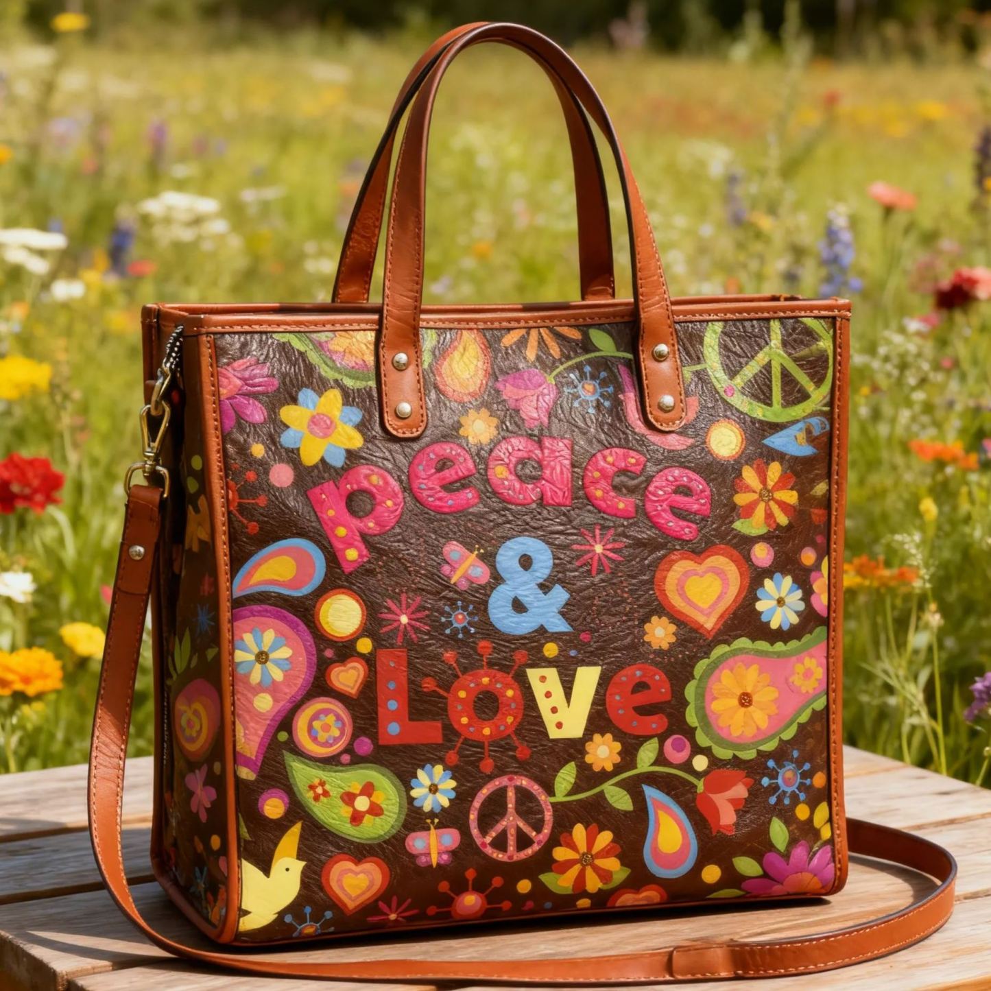 Peace & Love Retro Floral Print Vintage Vegan Leather Tote Bag Crossbody Handbag with Adjustable Strap