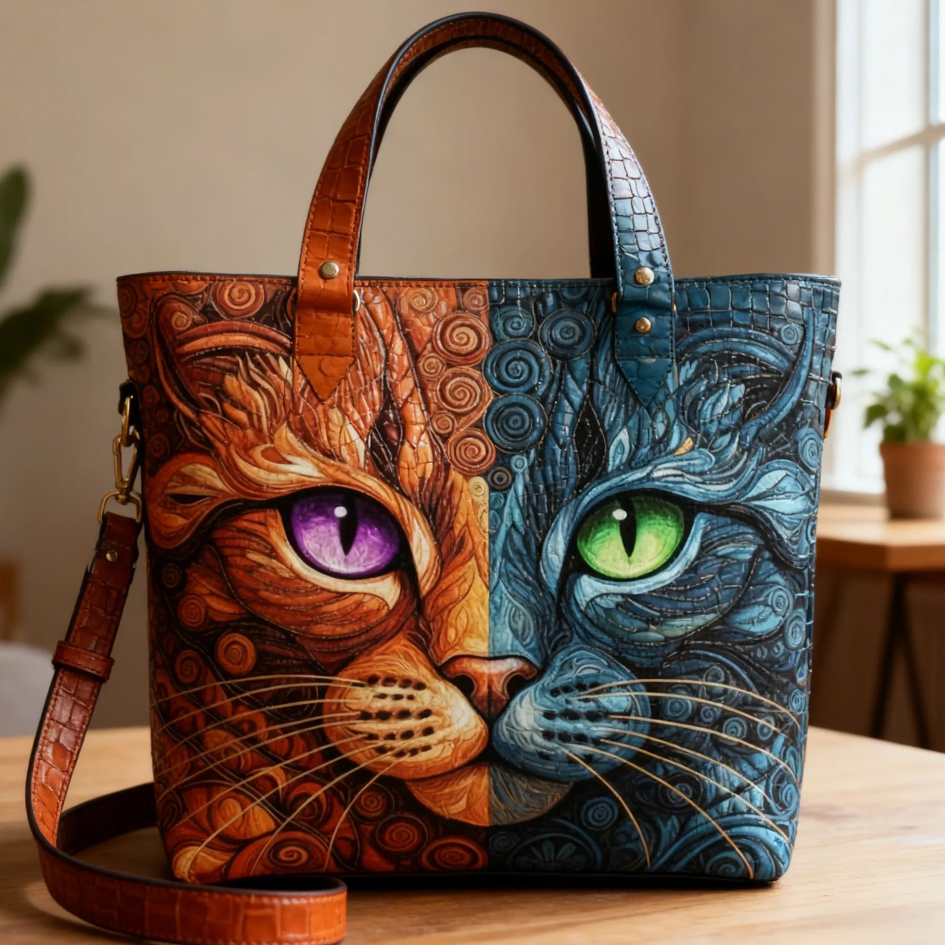  Two-Tone Colorful Cat Art Print Vegan Leather Tote Bag Crossbody Handbag with Adjustable Strap