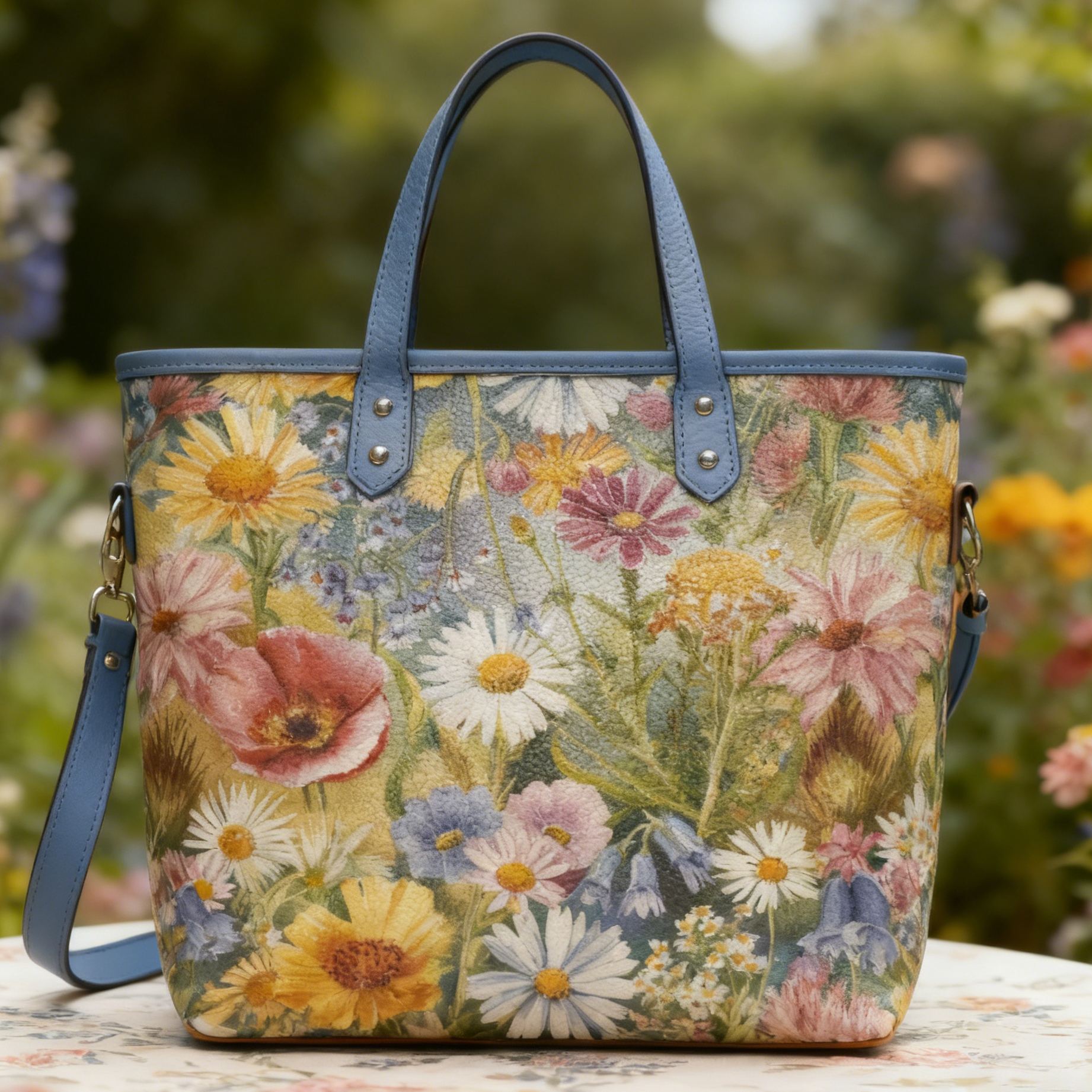 Watercolor Wildflower Print Floral Elegant Vegan Leather Tote Bag Crossbody Handbag with Adjustable Strap