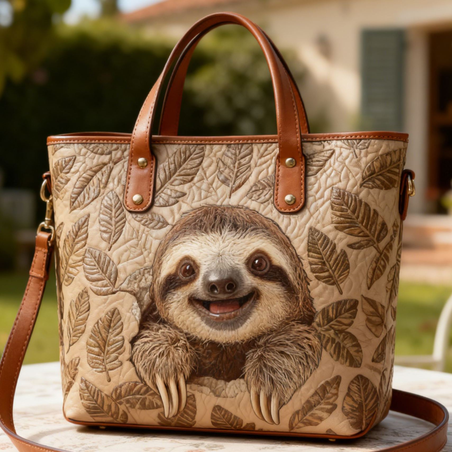 Smiling Sloth Cute Animal Vegan Leather Tote Bag Crossbody Handbag with Adjustable Strap