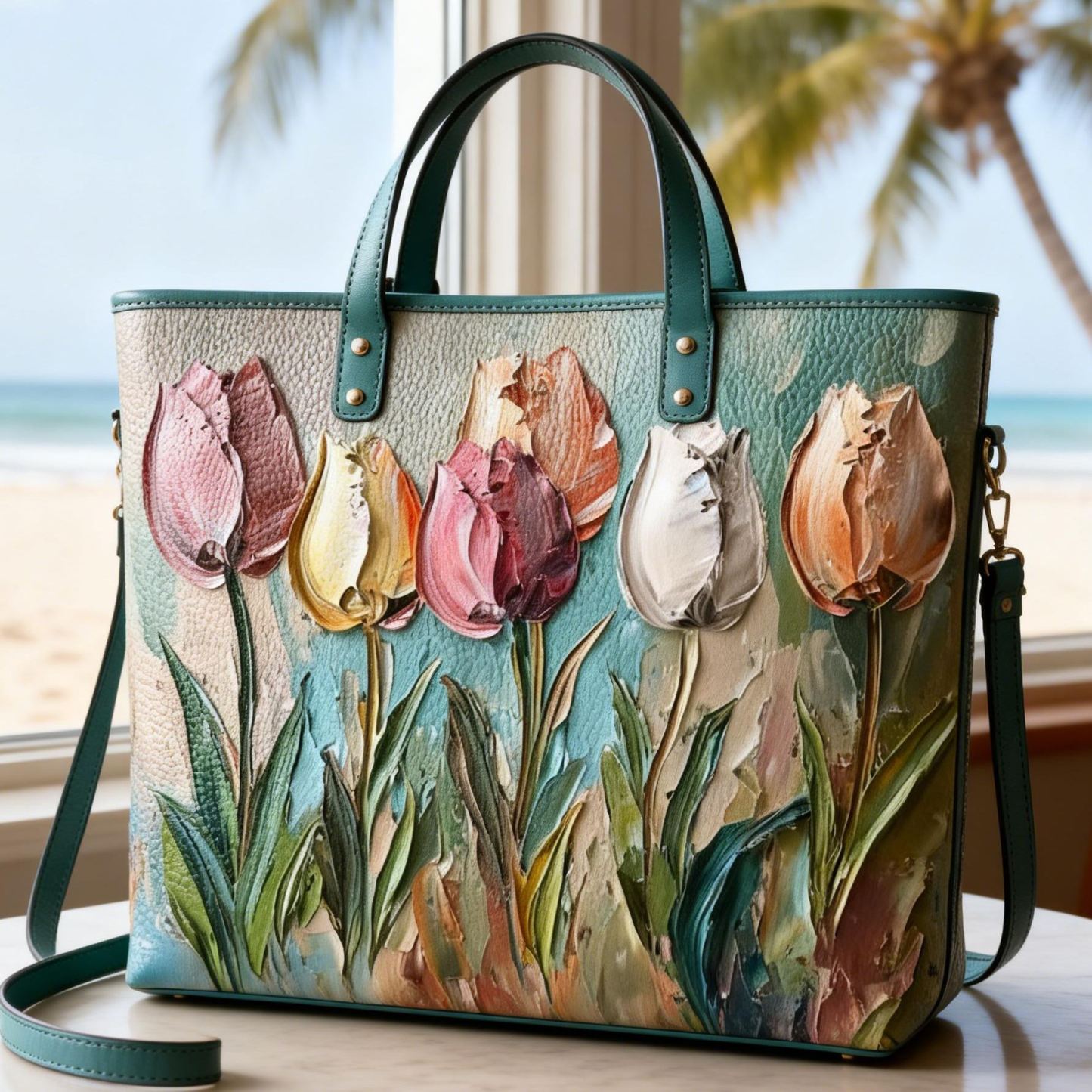 Tulip 3D Texture Art Print Colorful Floral Vegan Leather Tote Bag Crossbody Handbag with Adjustable Strap