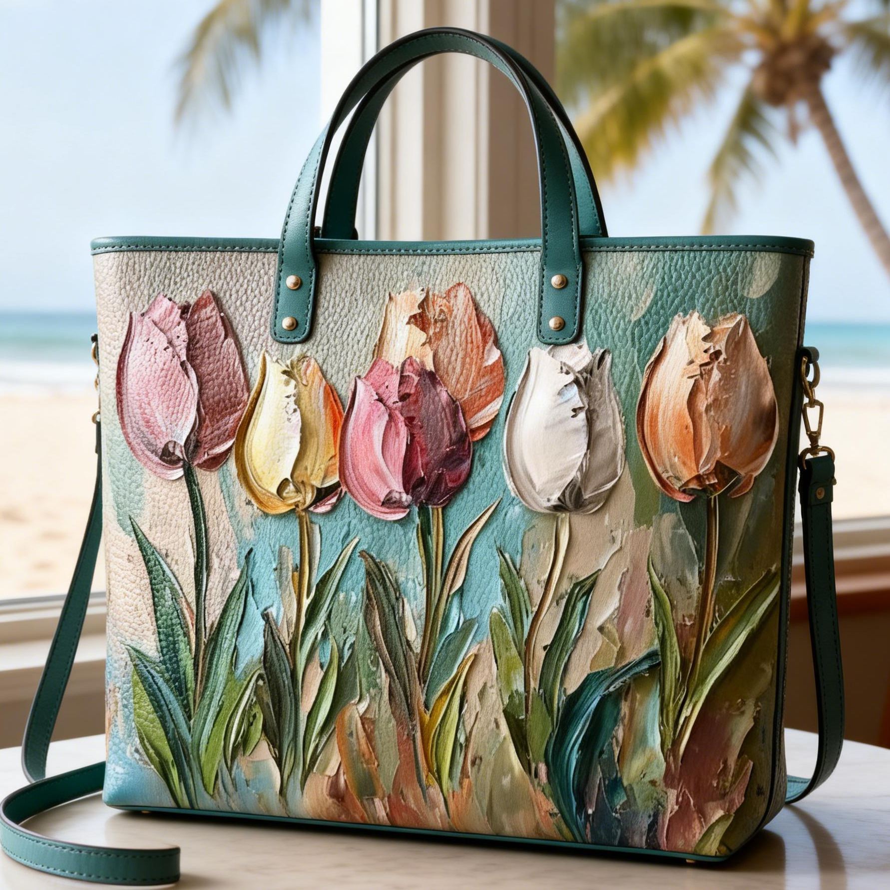Tulip 3D Texture Art Print Colorful Floral Vegan Leather Tote Bag Crossbody Handbag with Adjustable Strap