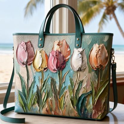 Tulip 3D Texture Art Print Colorful Floral Vegan Leather Tote Bag Crossbody Handbag with Adjustable Strap