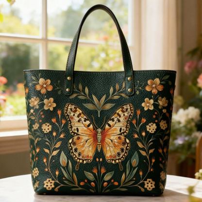 Butterfly & Floral Print Elegant Vegan Leather Tote Bag Crossbody Handbag with Adjustable Strap