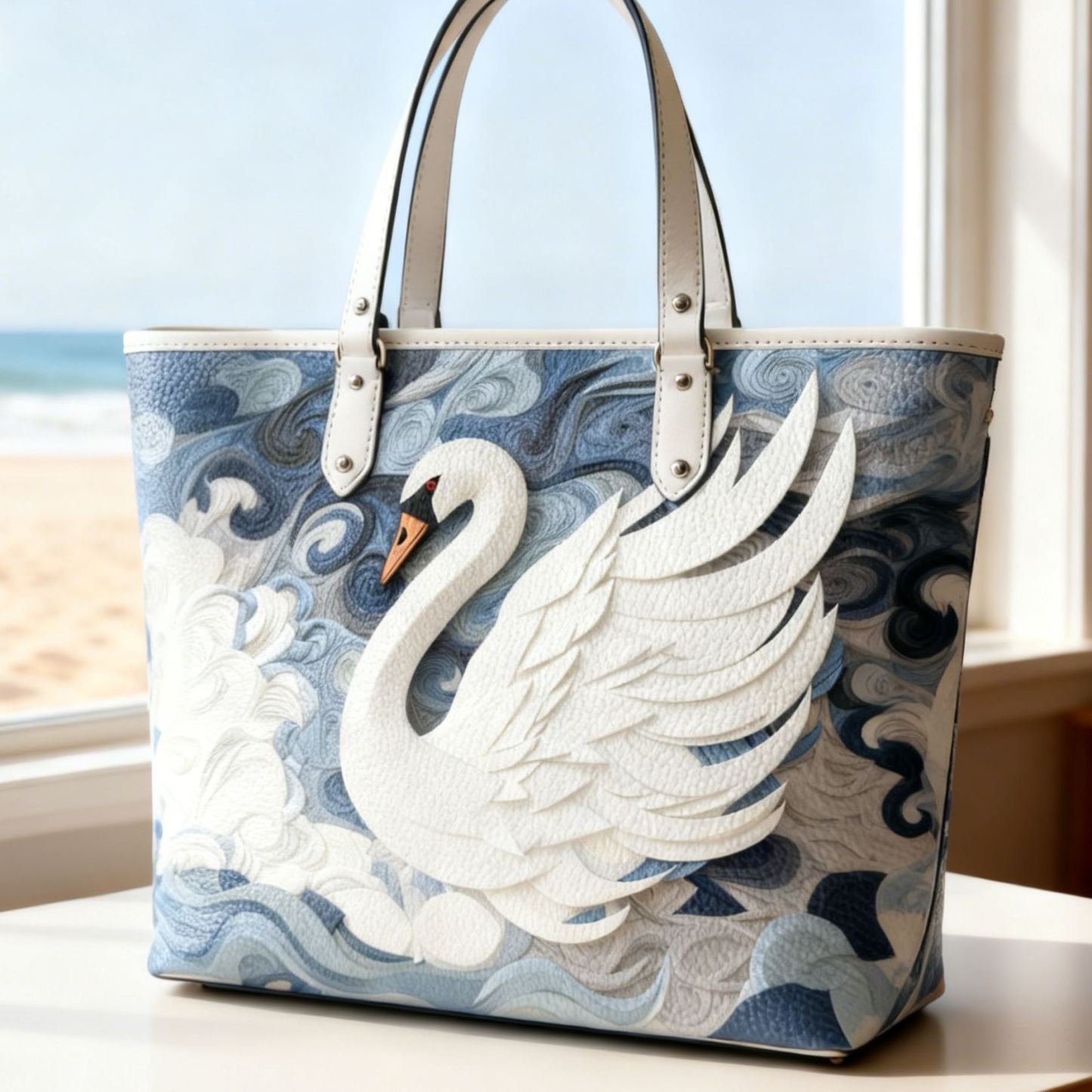 Blue Wave & 3D Swan Print Vegan Leather Tote Bag Crossbody Handbag with Adjustable Strap