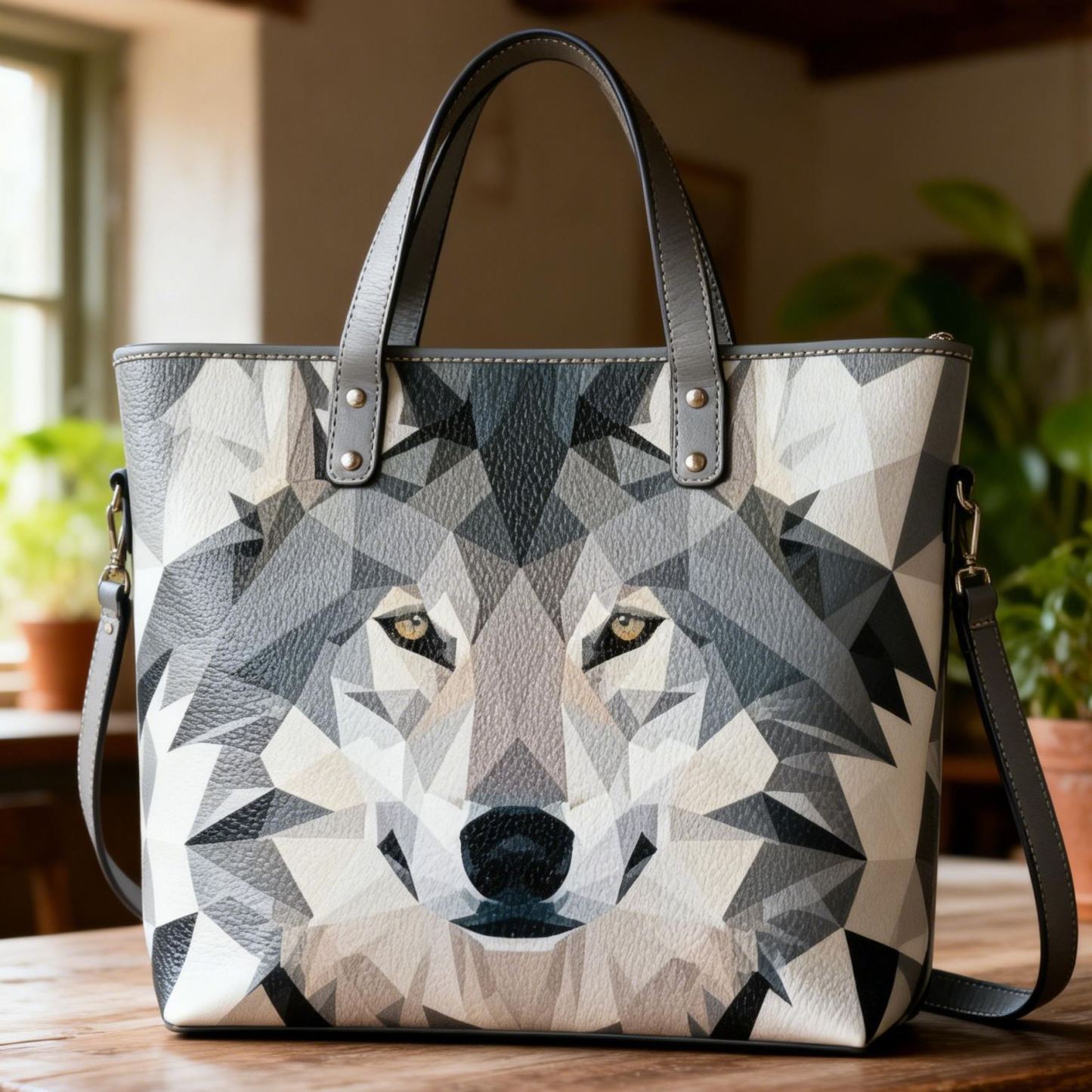 Geometric Wolf Print Vegan Leather Tote Bag Crossbody Handbag with Adjustable Strap