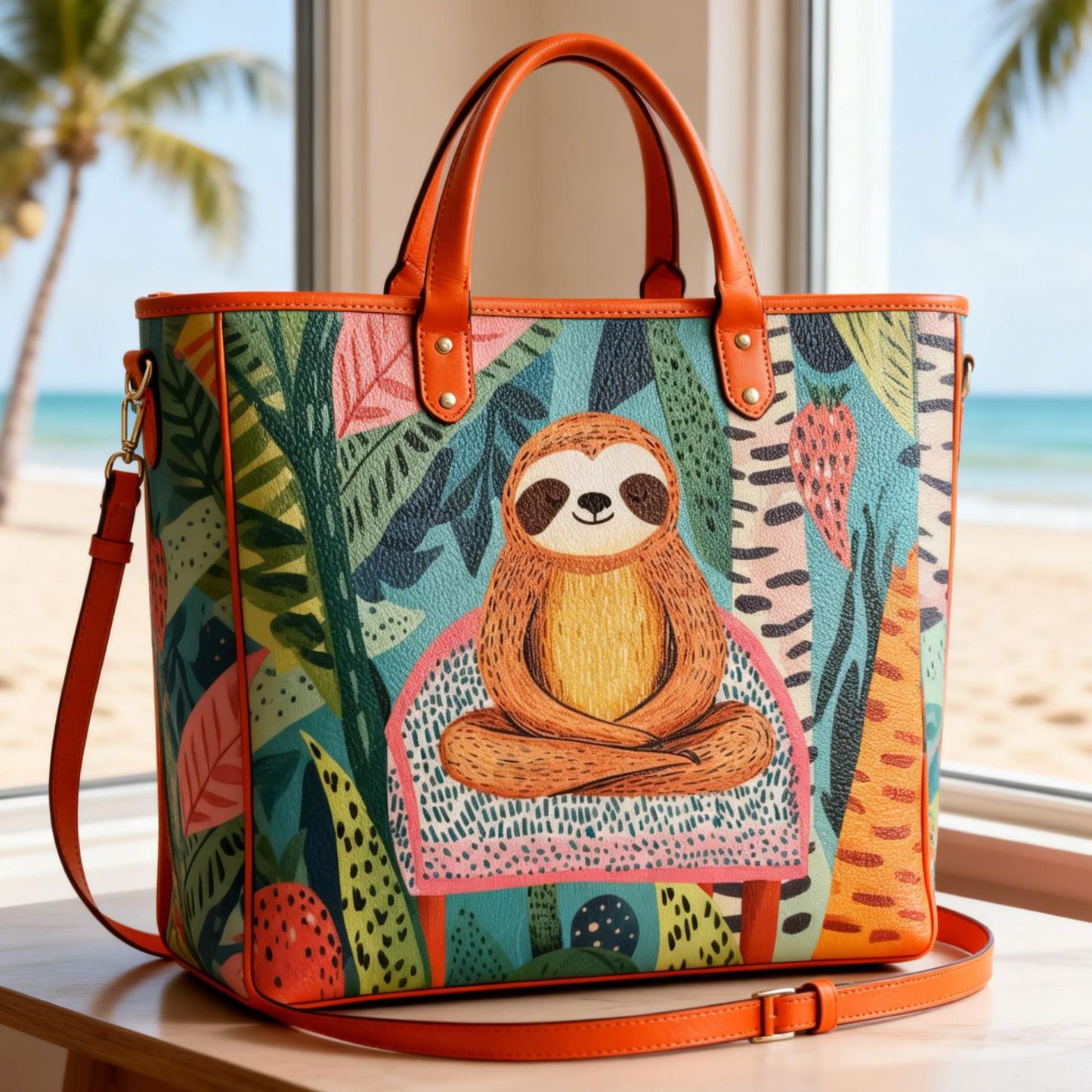 Meditating Sloth Tropical Plant Cute Animal Vegan Leather Tote Bag Crossbody Handbag with Adjustable Strap