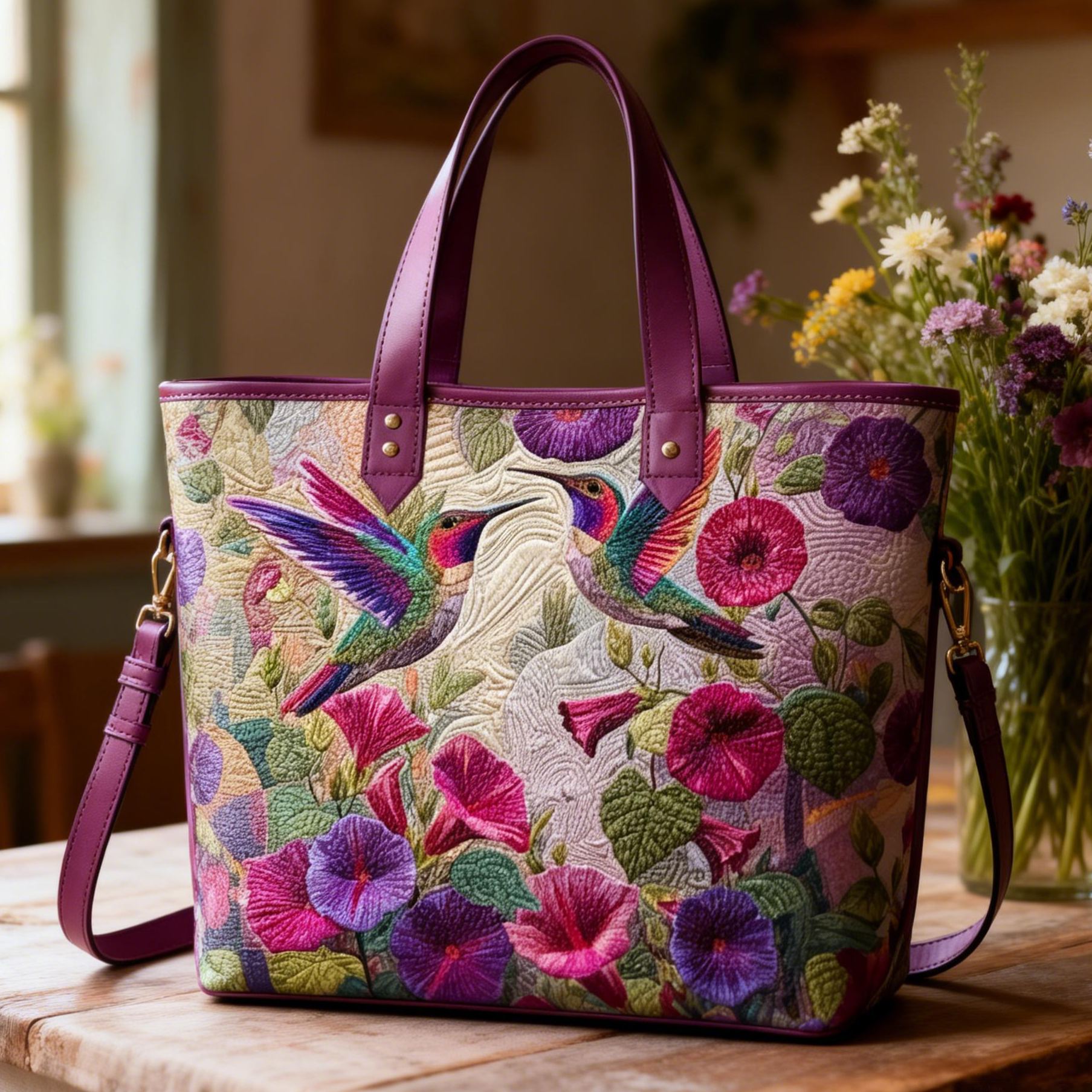 Hummingbird Purple Flower Elegant Vegan Leather Tote Bag Crossbody Handbag with Adjustable Strap