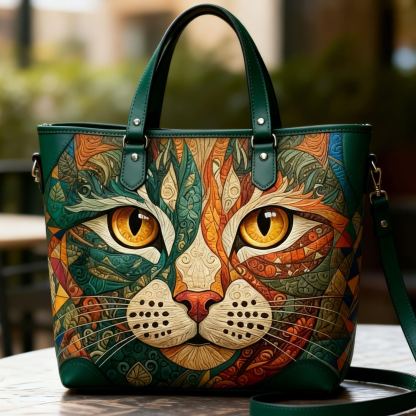 Vintage Deco Cat Face Art Vegan Leather Tote Bag Crossbody Handbag with Adjustable Strap