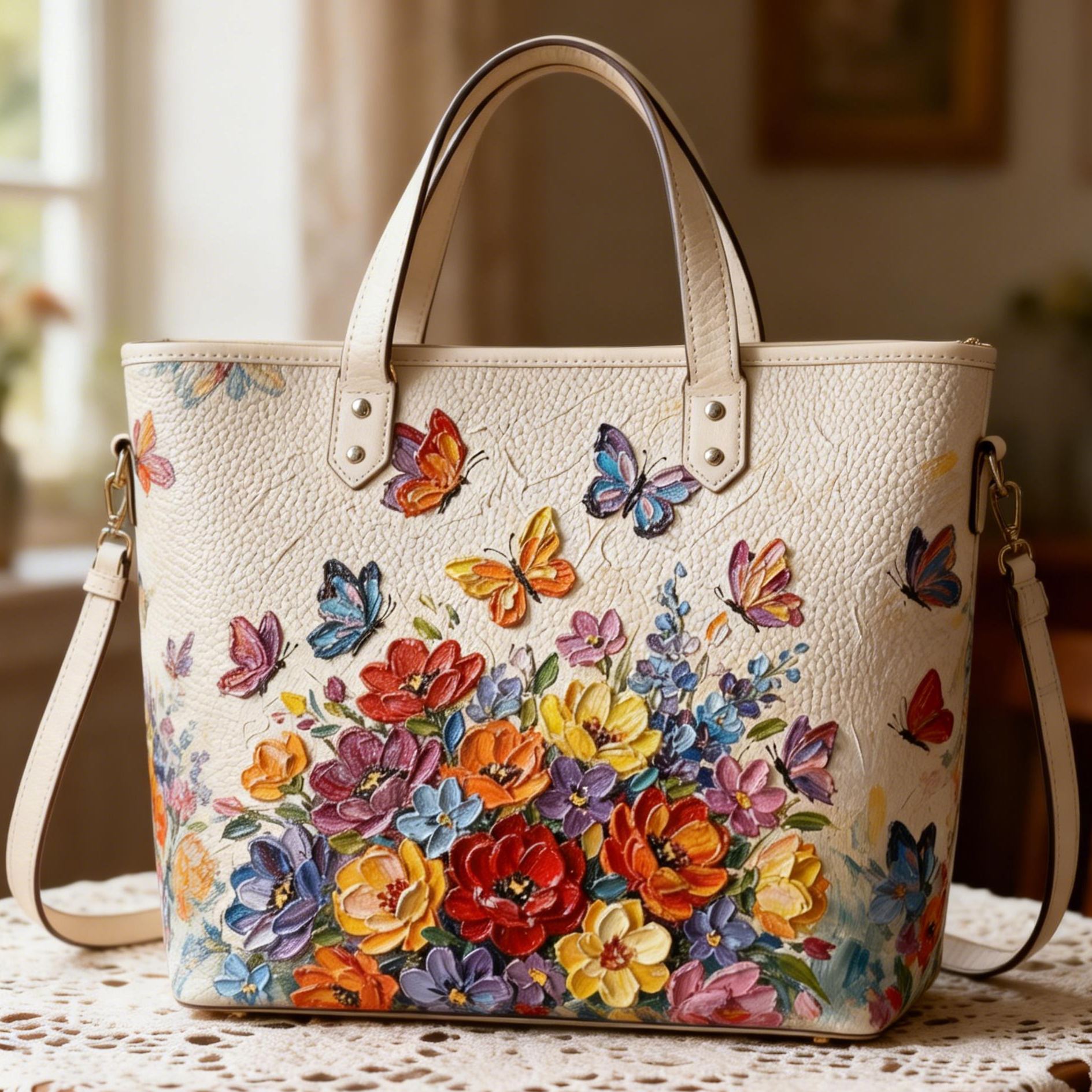 Elegant 3D Butterfly & Colorful Floral Vegan Leather Tote Bag Crossbody Handbag with Adjustable Strap