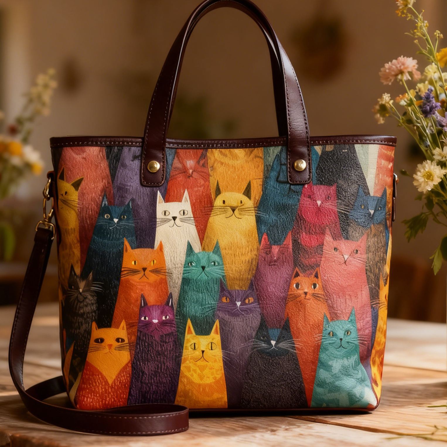  Colorful Cat Print Cute Animal Vegan Leather Tote Bag Crossbody Handbag with Adjustable Strap