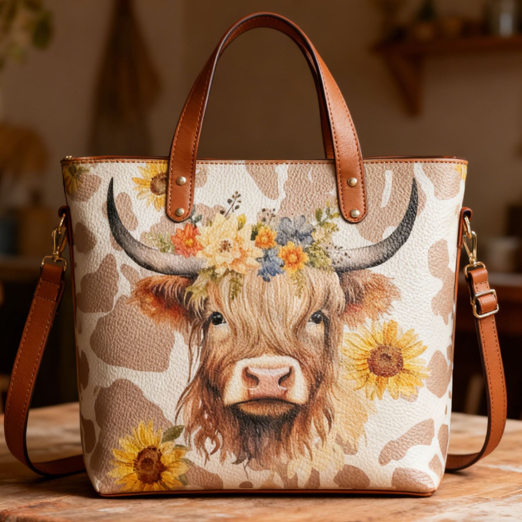 Highland Cow Sunflower Vegan Leather Tote Bag Crossbody Handbag with Adjustable Strap
