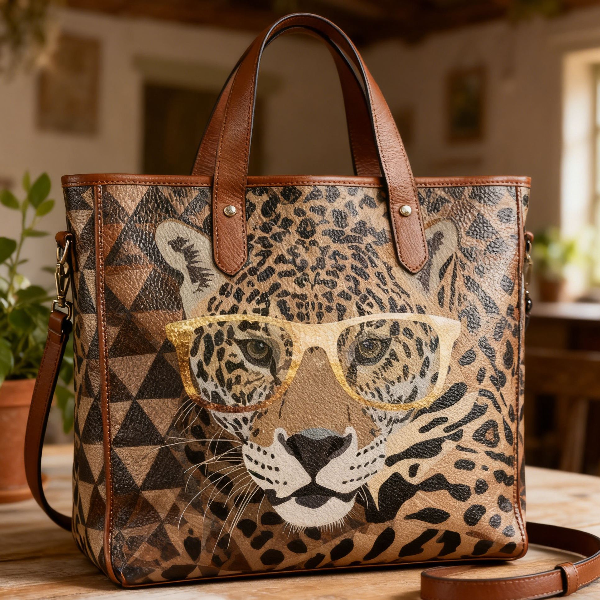 Geometric Leopard Stylish Vegan Leather Tote Bag Crossbody Handbag with Adjustable Strap