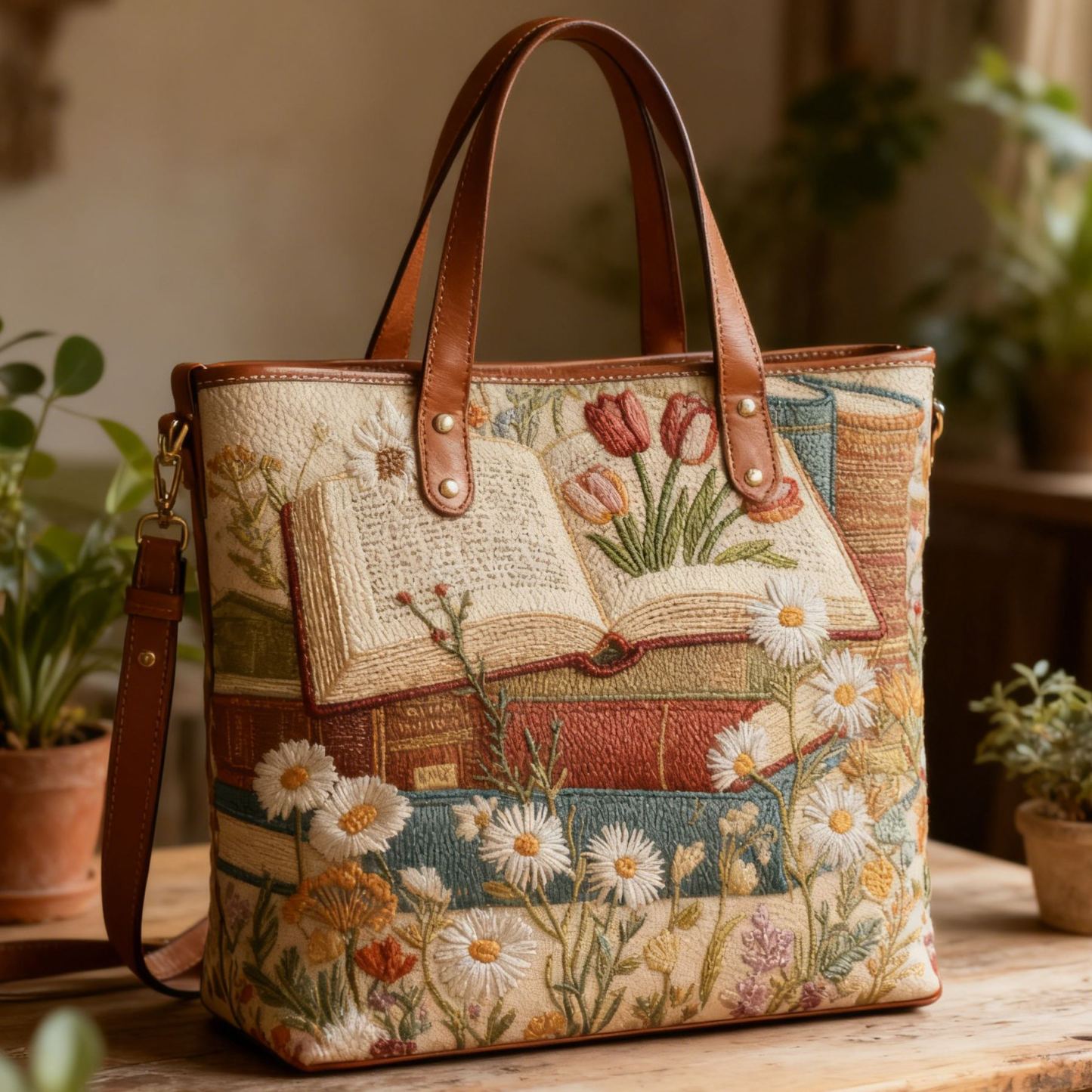 Open Book Embroidered Floral Literary Vintage Vegan Leather Tote Bag Crossbody Handbag with Adjustable Strap