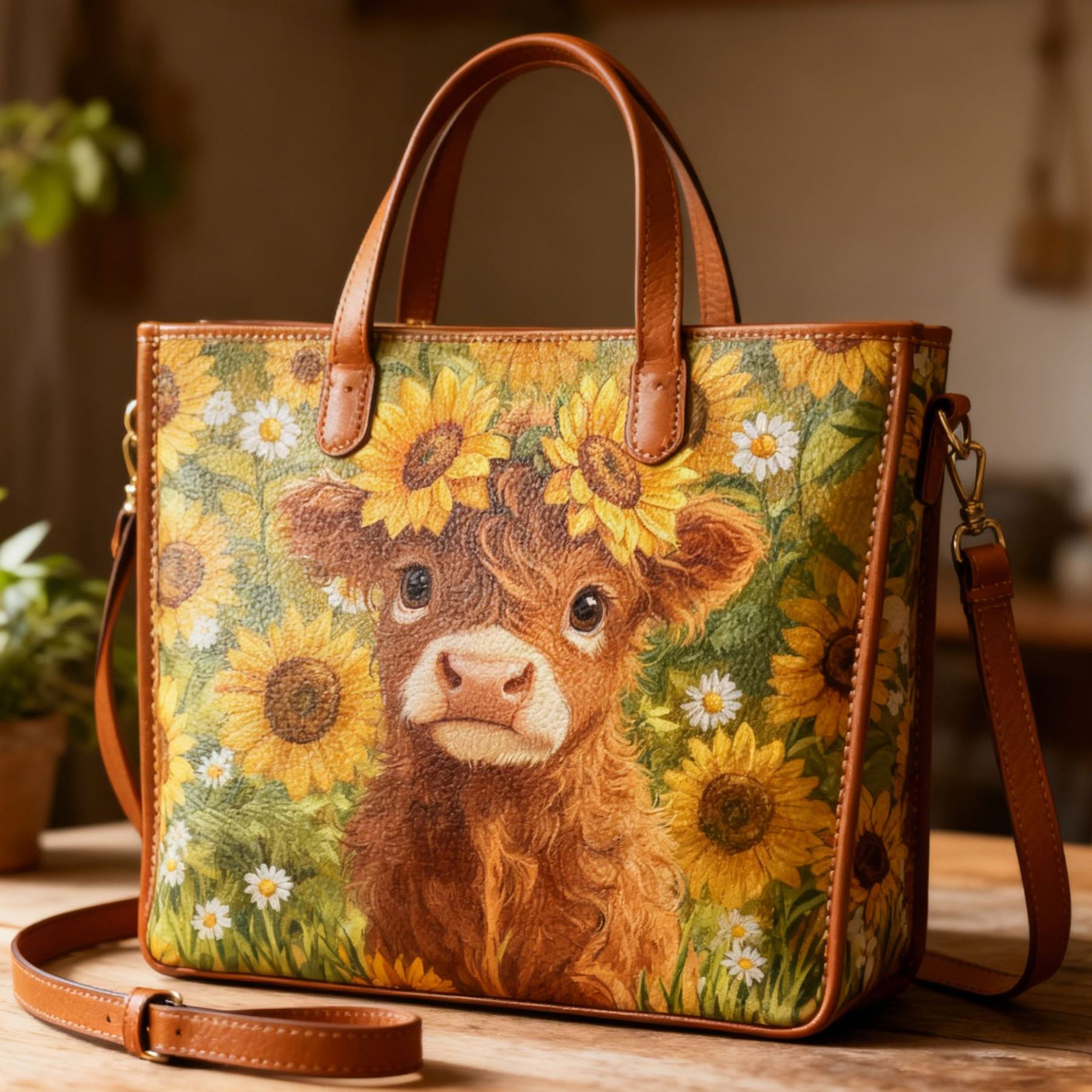 Vintage Cute Highland Cow Sunflower Vegan Leather Tote Bag Crossbody Handbag with Adjustable Strap