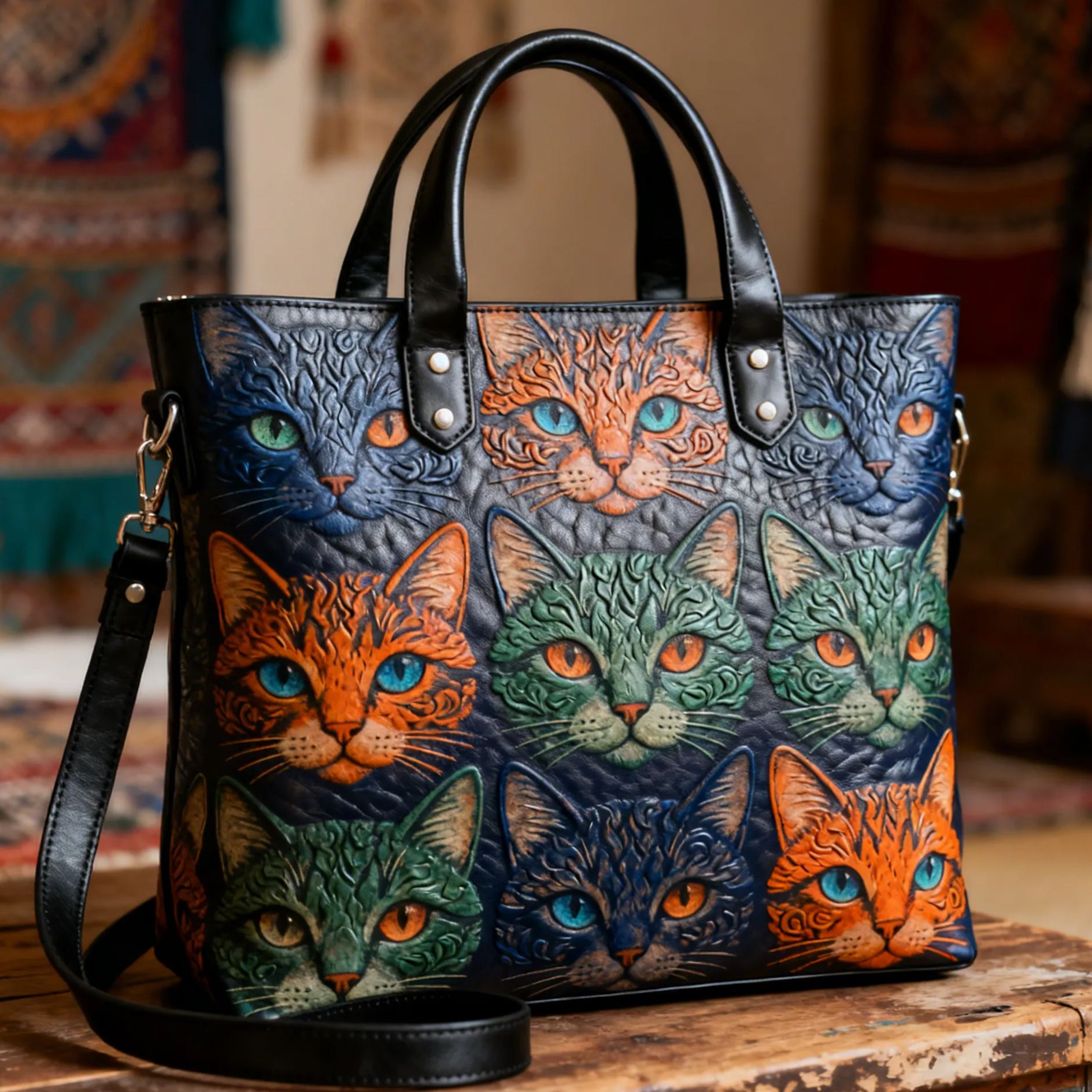 Colorful Cat Embossed Cute Animal Vegan Leather Tote Bag Crossbody Handbag with Adjustable Strap