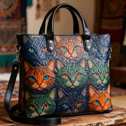 Colorful Cat Embossed Cute Animal Vegan Leather Tote Bag Crossbody Handbag with Adjustable Strap