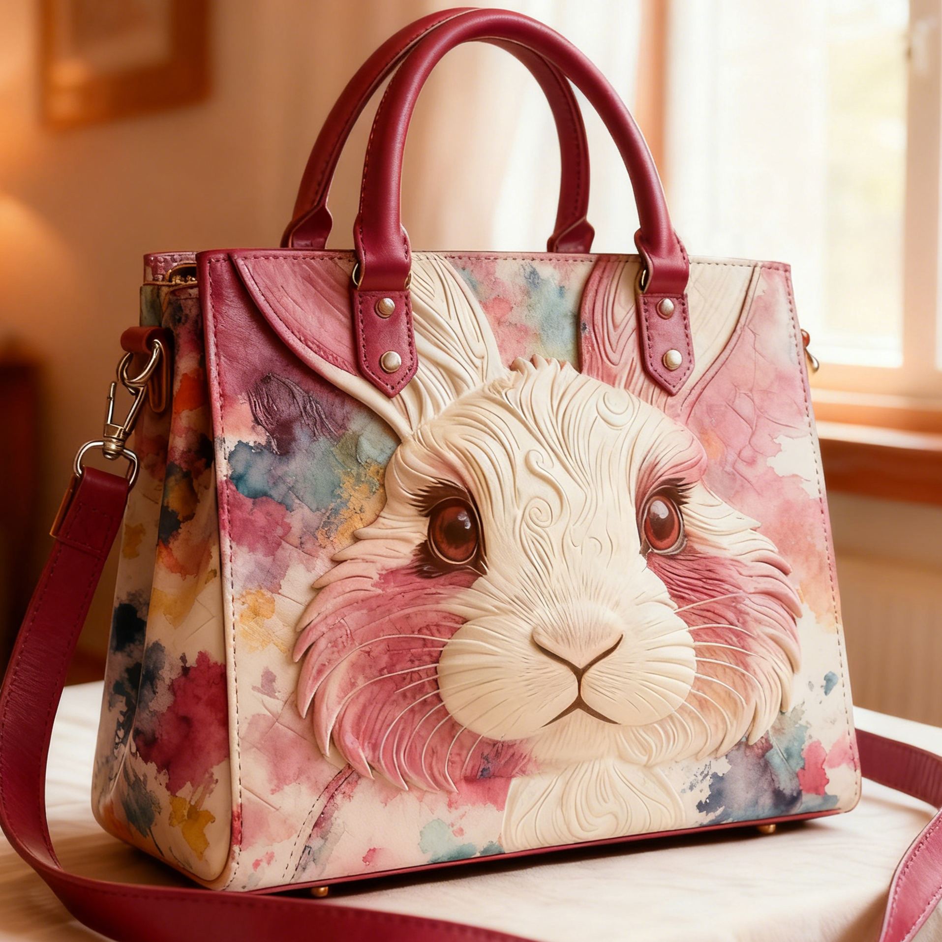 3D Rabbit Print Embossed Vegan Leather Tote Bag Crossbody Handbag with Adjustable Strap