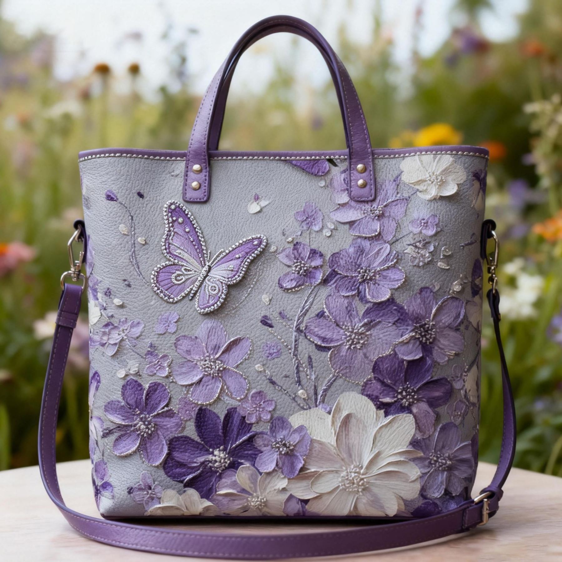 Purple Floral 3D Butterfly Artistic Vegan Leather Tote Bag Crossbody Handbag with Adjustable Strap