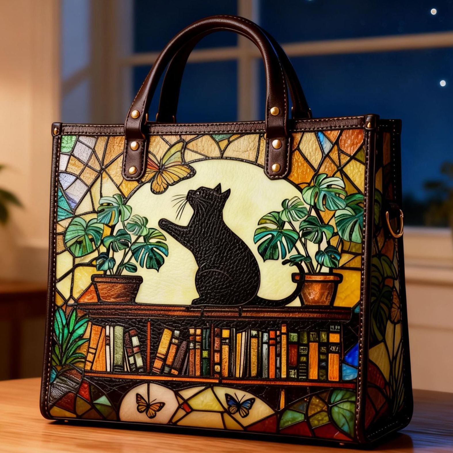 Vintage Bookshelf Black Cat Butterfly Vegan Leather Tote Bag Crossbody Handbag with Adjustable Strap